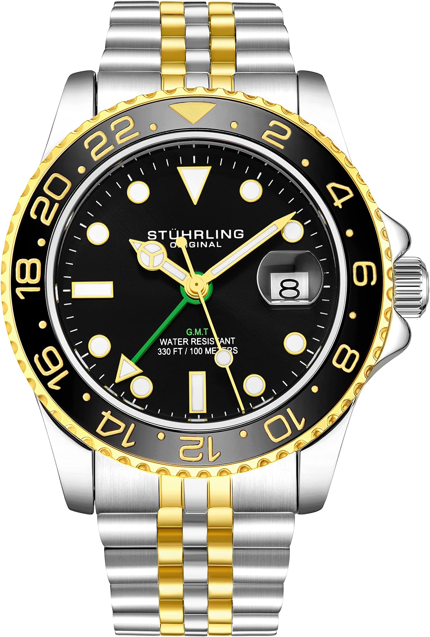 Stuhrling Original Mens Stainless Steel Jubilee Bracelet GMT Watch - Swiss Quartz, Dual Time, Quickset Date with Screw Down Crown, Water Resistant up to 10 ATM