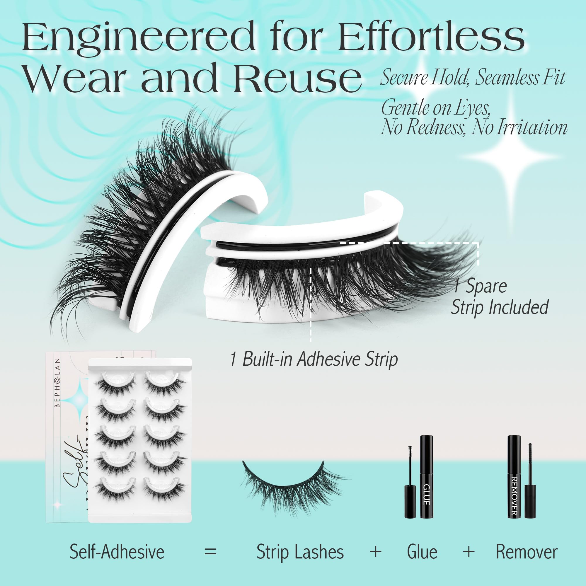 Bepholan Self Adhesive Eyelashes Natural Look,Pre Glued No Glue Needed Reusable Press On Lashes False Eyelashes Wispy with Tweezer of Replacement Adhesive Strips 8-14mm 5 Pairs(CVJ205)
