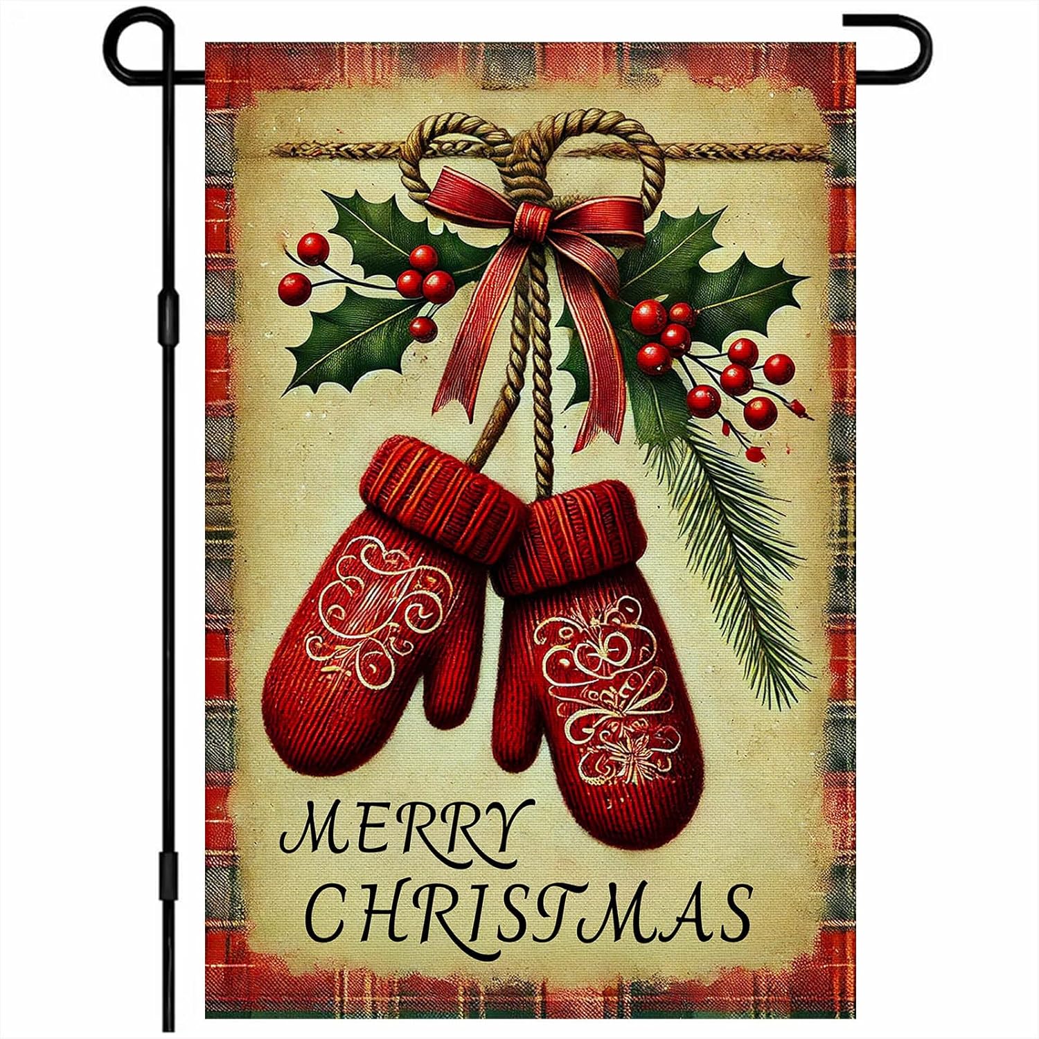 Christmas Garden Flag 12x18 Inch Welcome Red Mittens Holly Yard Flag Double Sided Holiday Outdoor Banner with Plaid and Pine for Winter Porch Lawn Patio