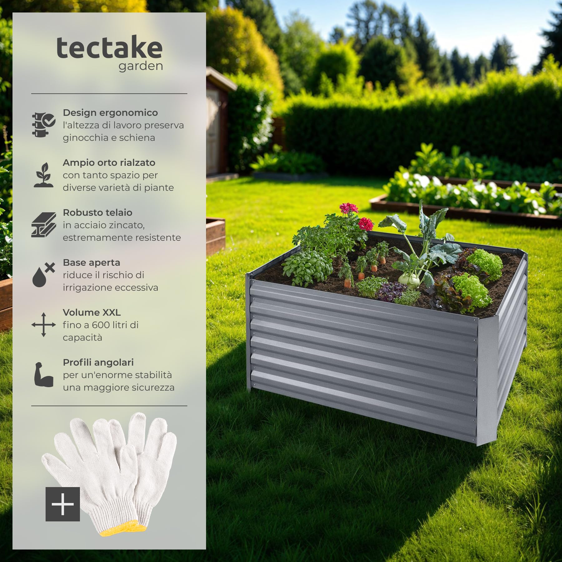 tectake® Orto Rialzato, 600l, Zincato,120 x 90 x 57 cm, Struttura in Acciaio Zincato, Base Aperta, Perfetto per Verdure, Erbe Aromatiche e Fiori, Montaggio Rapido, Alta Stabilità, Giardino Rialzato