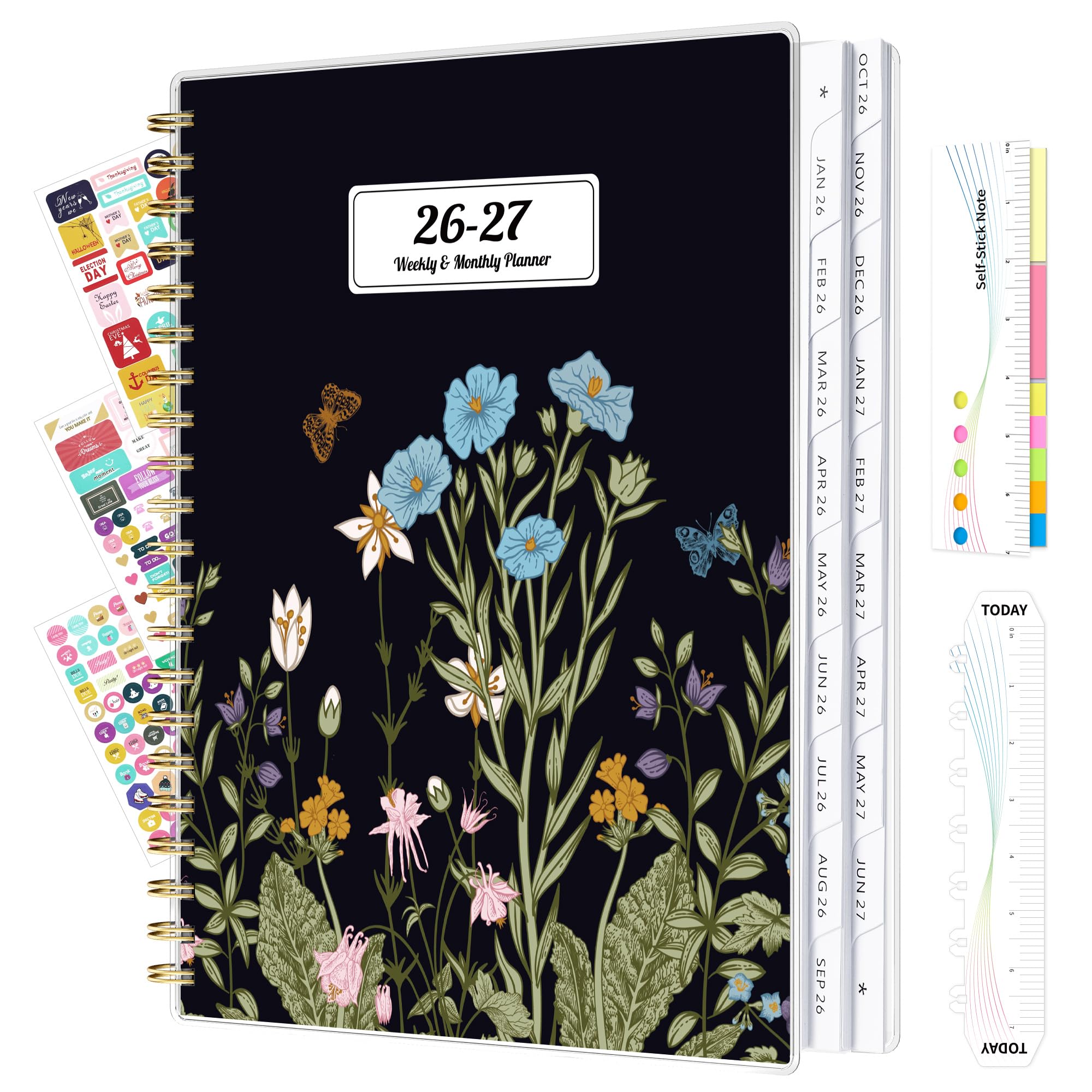 Ospelelf Planer 2026 2027 Wochen- und Monatskalender Spiralbindung, A4 Bürobedarf für Frauen & Männer, 18 Monate PVC-Einband Lebensplaner mit Aufklebern Nachtblume