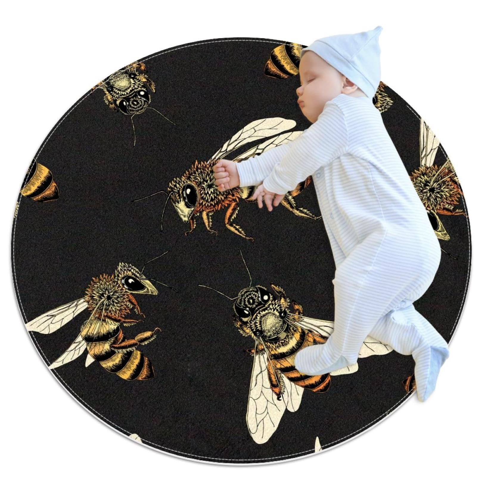 Tapis de bain rond 1m noir motif bourdons antidérapant pour chambre et salon