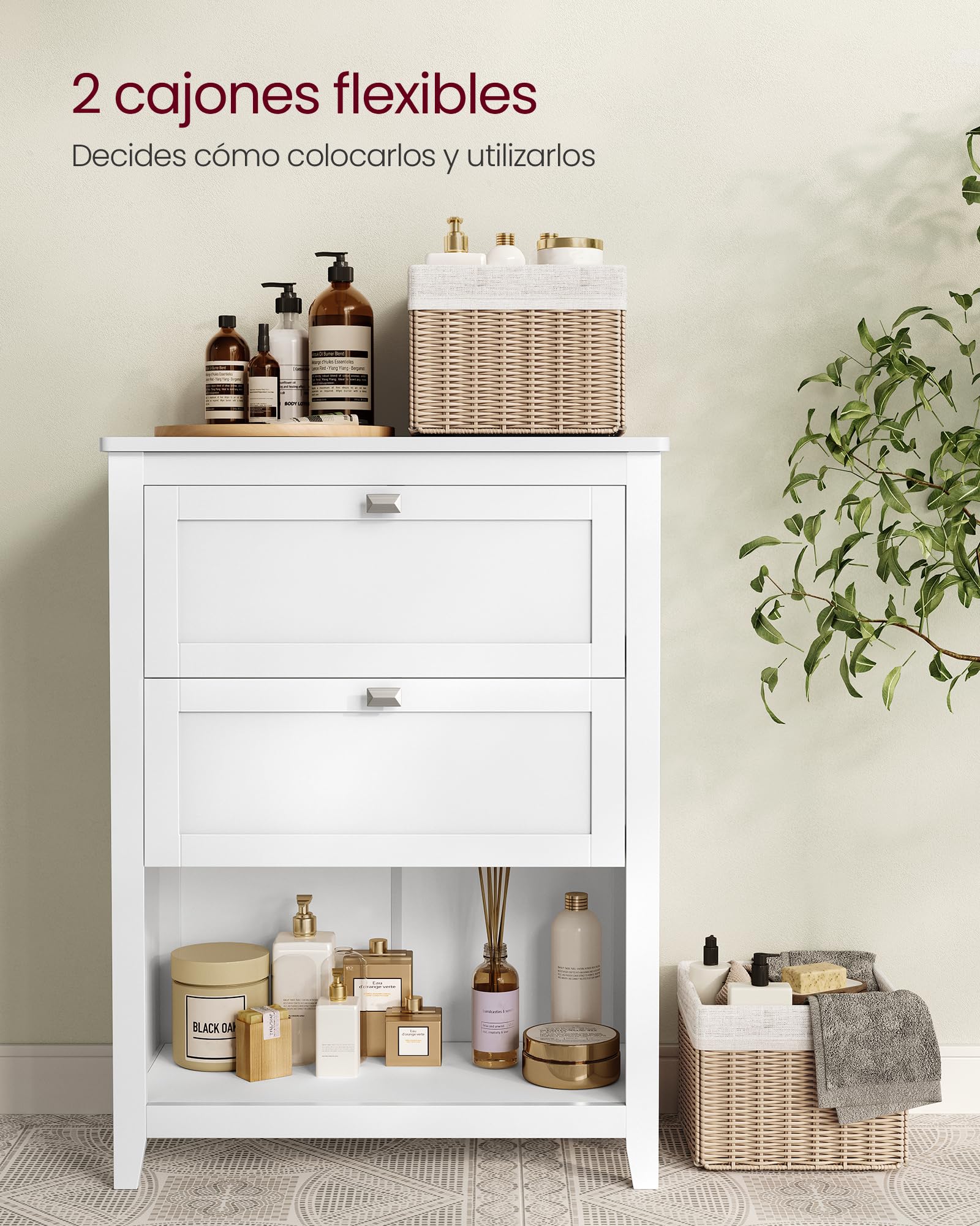 VASAGLE Mueble de Baño, Armario de Baño, 2 Cajones con un Juego de Divisor Regulable, 2 Cestas, Aparador, 30 x 60 x 80 cm, Blanco Nube BBC545W02
