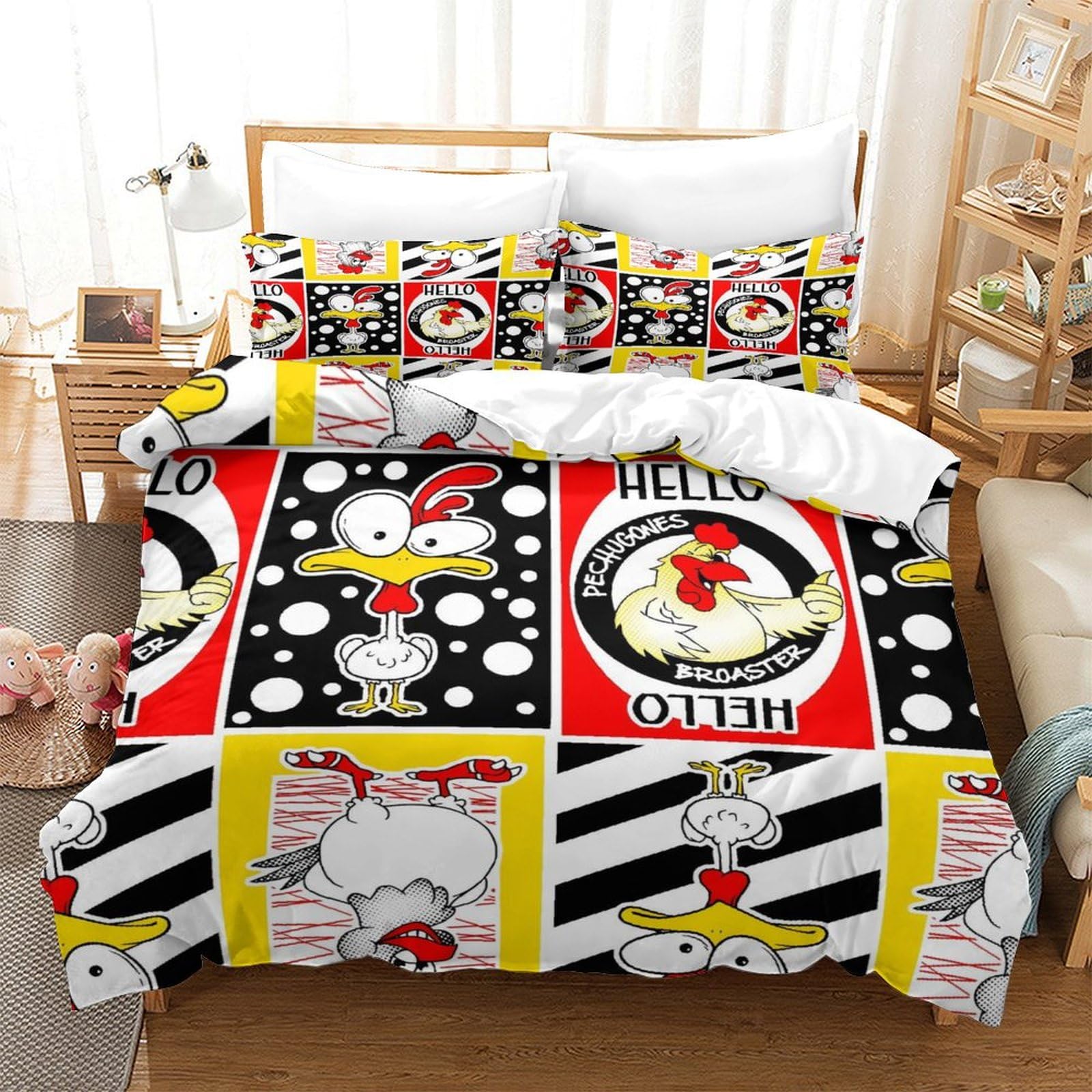 LIAOHENKAN Cute Chicken Cartoon Duvet Cover Set Comforter Cover Bedding Set for Teens Adults Breathable 3Pcs All Season Quilt Set with Zipper Closure, Easy Care, Easy Care Durable Single（140x200cm）