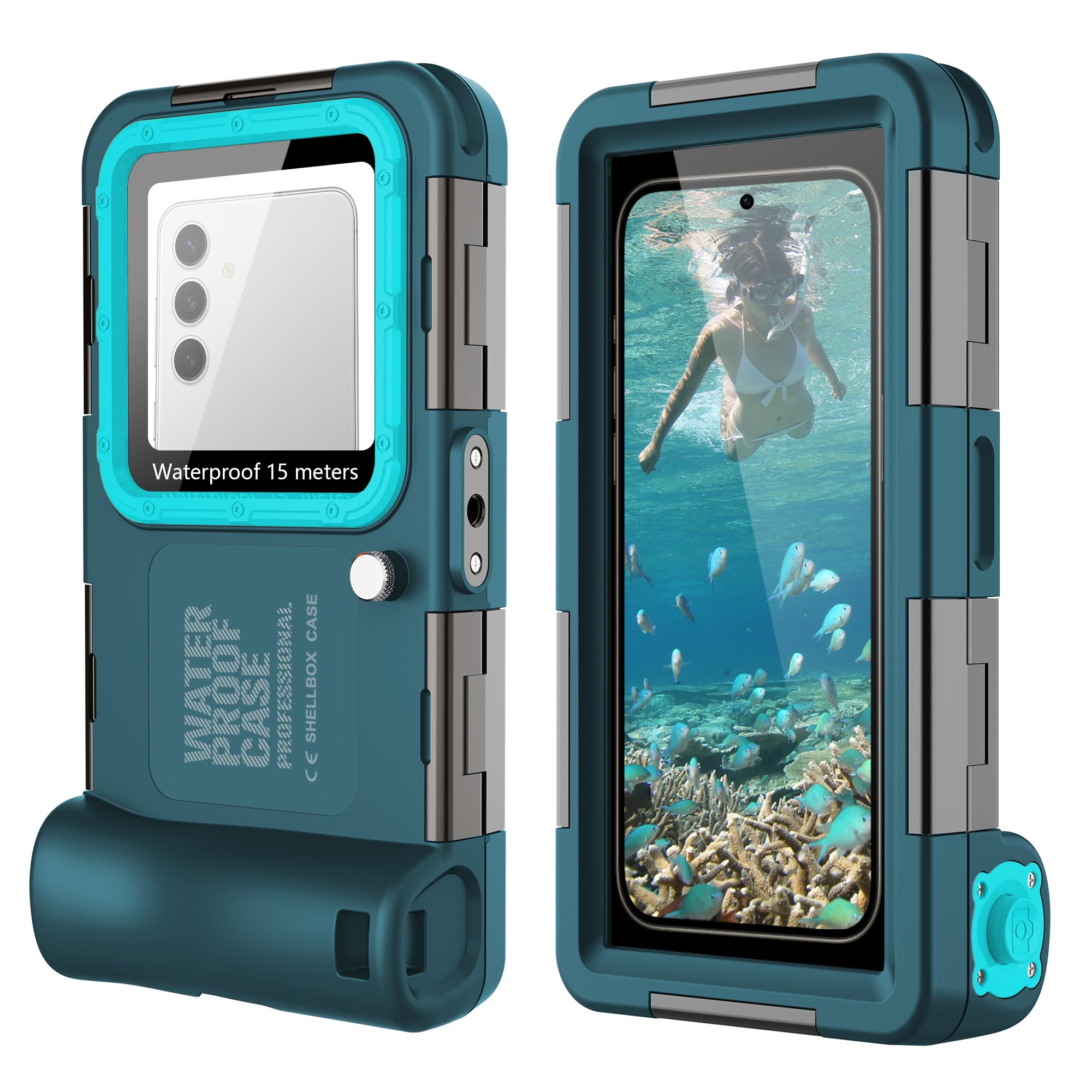 Universelles Tauchen, 15 m, Unterwasser-Schnorcheln, wasserdichte Handyhülle für Samsung Galaxy S26/25/S24/S23 Ultra/Plus, Google Pixel, Motorola, Huawei/LG-Serie, Lautstärke-Taste, Blaugrün