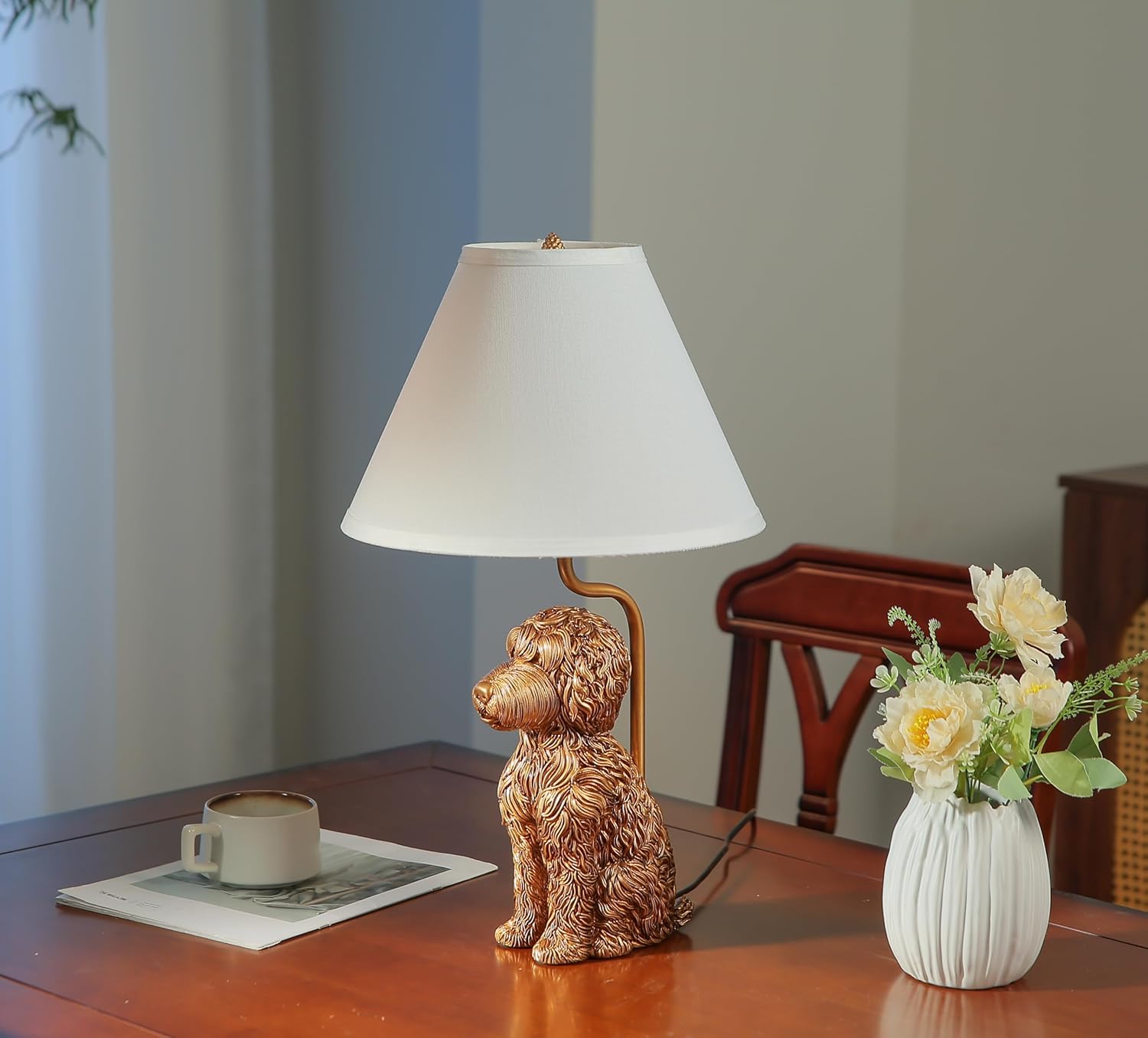 Resin Doodle Dog Table Lamp, Artistic Sculptural Accent Lamp with Fabric Shade, Unique Modern Decorative Bedside Lamp for Living Room, Bedroom, Office, Eclectic Home Decor