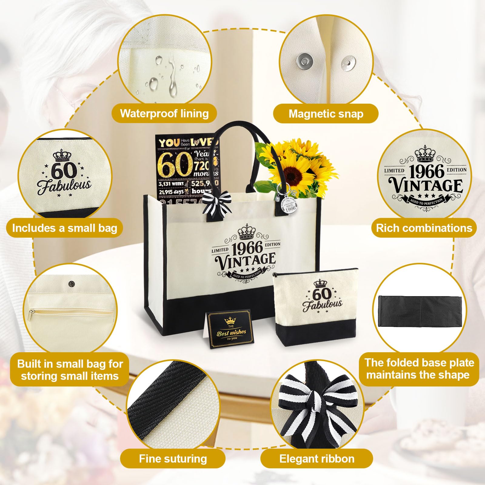 Regalo per compleanni, vintage, set regalo in tela con fodera impermeabile, biglietto di auguri, portachiavi sostenibile, regalo per mamma, fidanzata o moglie, bianco e nero