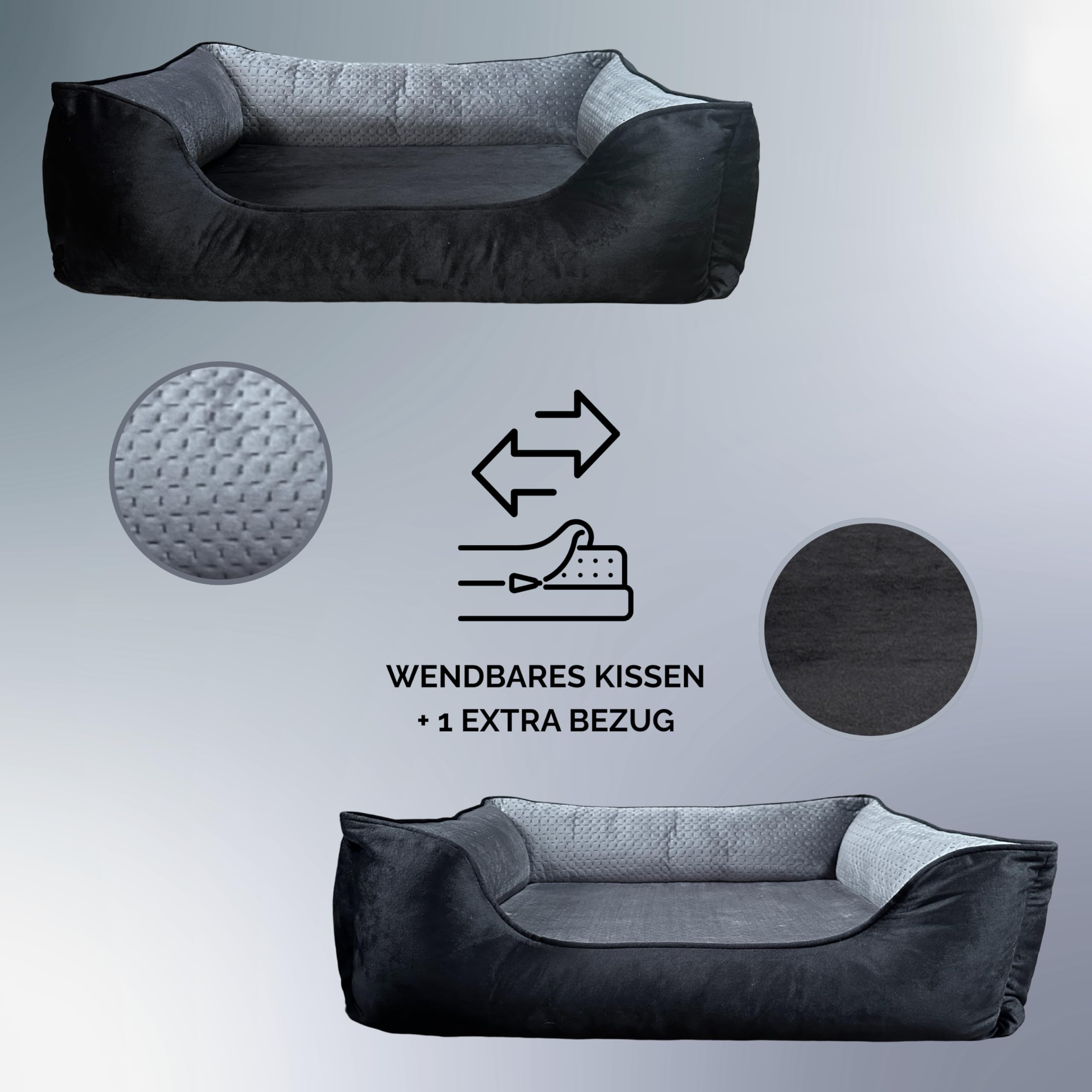 Snoekie weiches Hundebett, wendbares Kissen, Schwarz/Grau, waschbarer Bezug, pflegeleicht, wasserabweisender Kern, XXL 103x85x20 cm große Hunde bis 35 KG + EXTRTA BEZUG