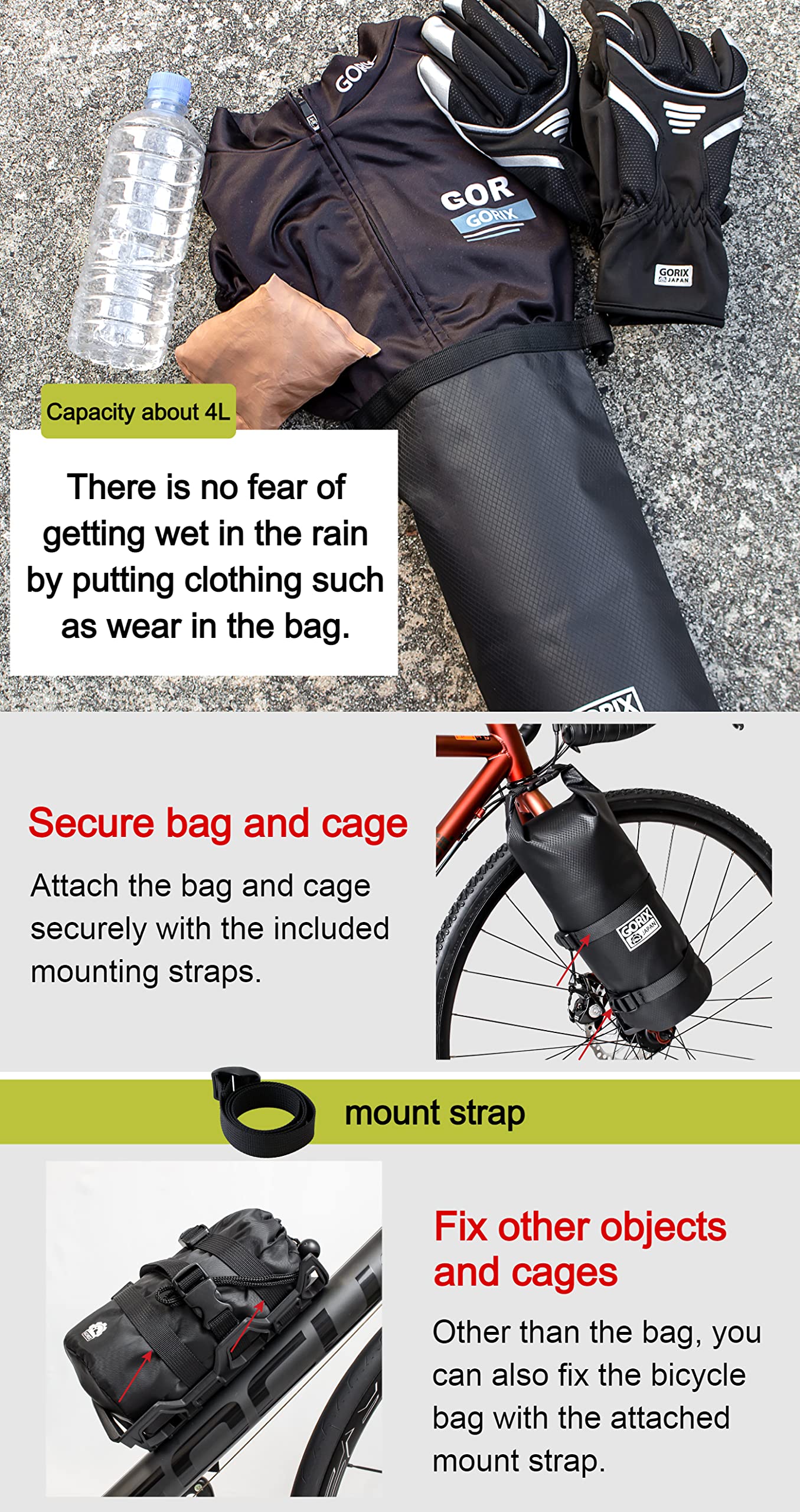 GORIX Bicicleta De múltiples Fines Jaula + Impermeable Bolsa Colocar Portabotellas Tenedor Frontal Grande Jaula (GORICAGE)
