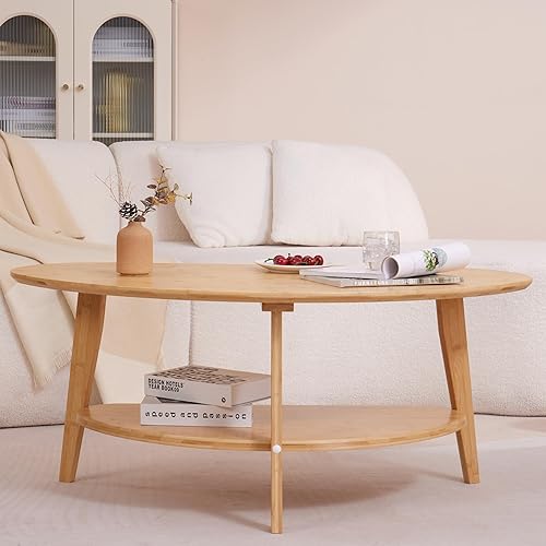 Miniatura 5 de Mesa auxiliar moderna de mediados de siglo, mesas de centro ovaladas con almacenamiento para sala de estar, mesa central de madera maciza de 2