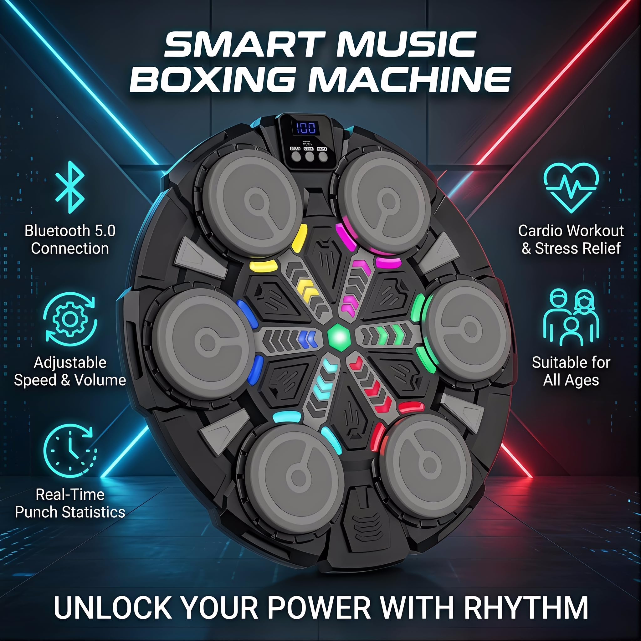 Music Boxing Machine, Boxen Kinder mit Boxhandschuhen, Farblichter, Bluetooth, Reaktionstraining Sport Geräte für Zuhause, Musik Box Maschine für Erwachsene und Kinder, Indoor und Fitnessstudios