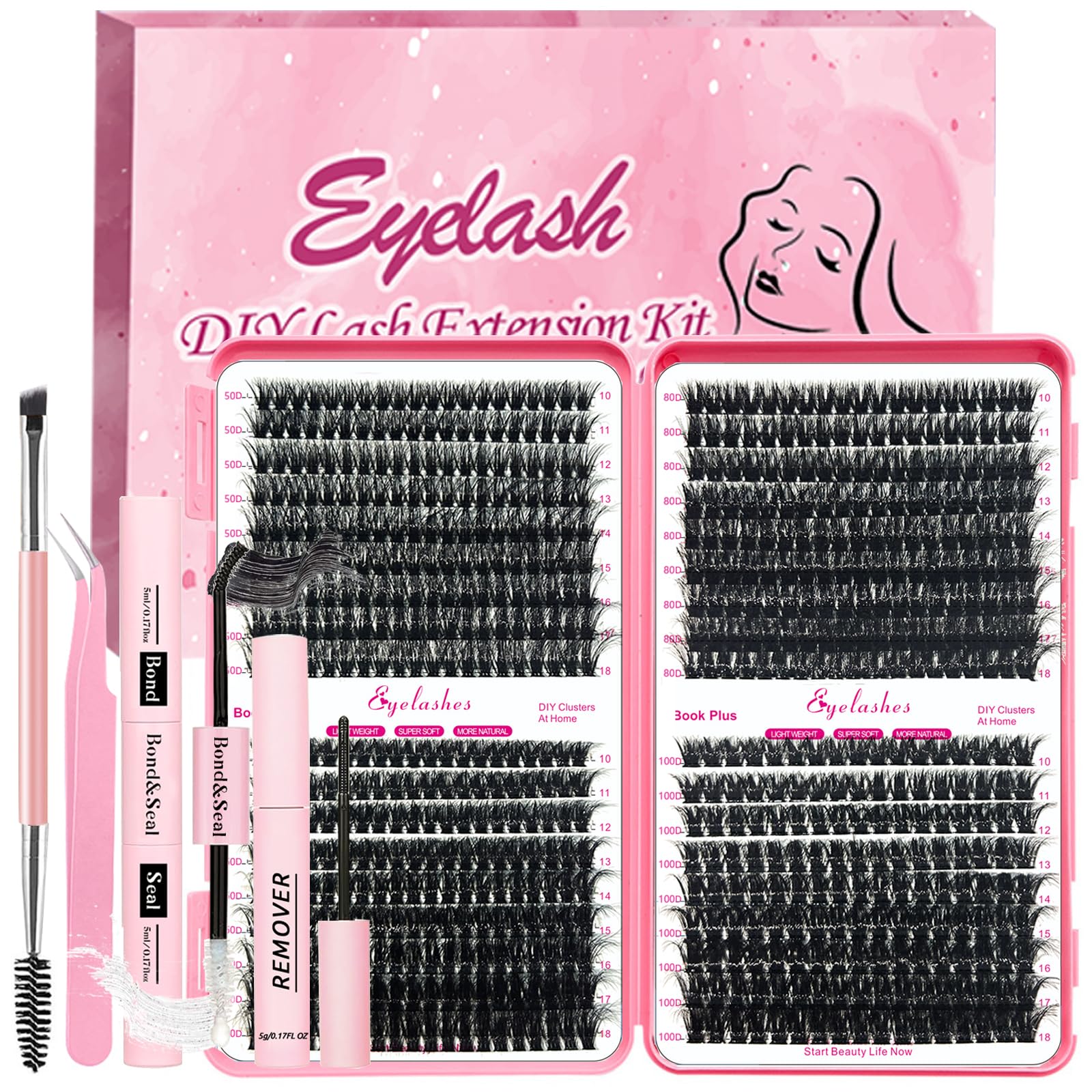 Qiveaory DIY Lash Extension Kit 684pcs Lashes Clusters Thick D Curl Eyelash Extension Kit with Lash Bond and Seal,Eyelash Remover Tweezers Brush(10-