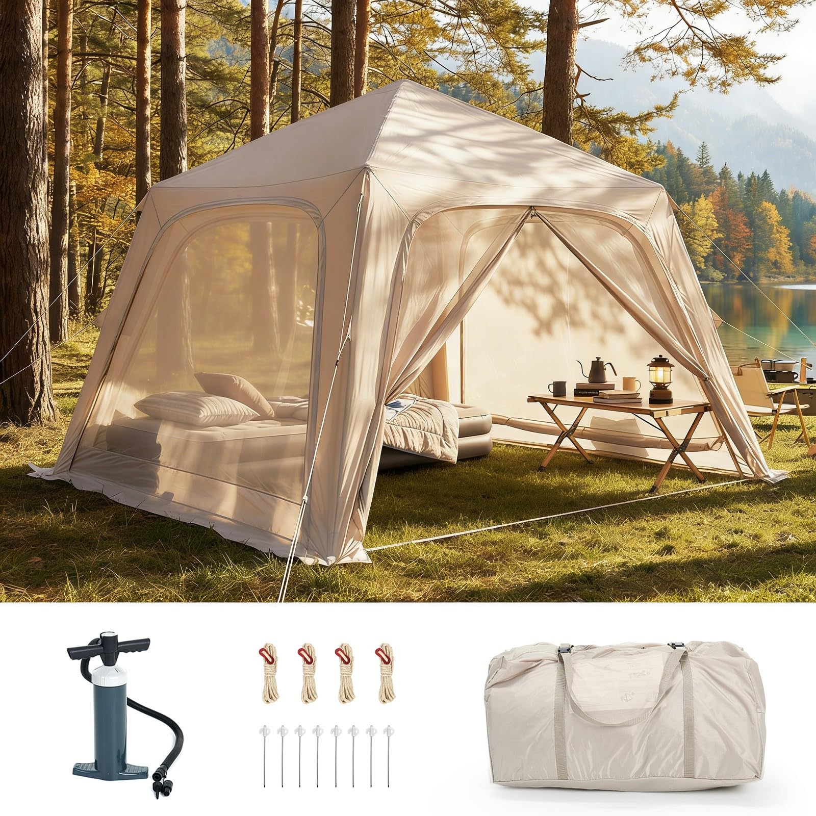 Ytaoeo Aufblasbares Zelt Camping Pavillon mit Luftpumpe Abnehmbarer Türvorhang Aufblasbares Campingzelt aus Wasserdichtem Oxford-Stoff Air Glamping Zelte für 4 Jahreszeiten Camping
