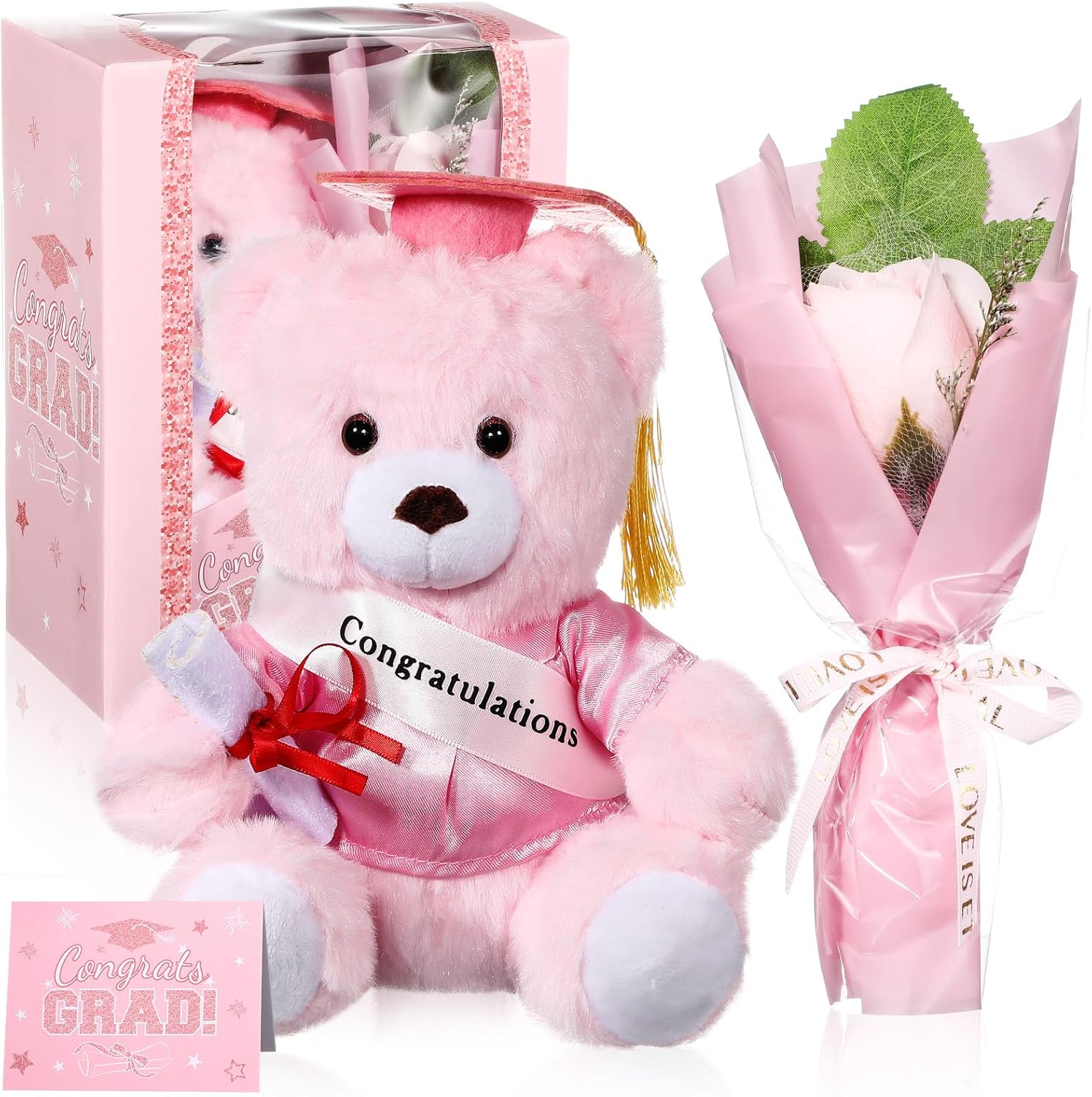 Hollowfly Graduation Bear Gifts Set Include Graduation Bear of 2026 Stuffed Animal with Cap and Gown, Artificial Flower, Graduate Gift Box with Window and Greeting Card for Him or Her(Pink)
