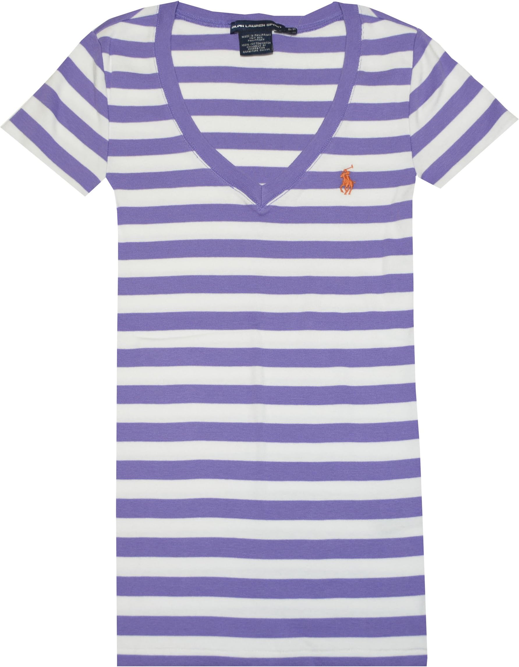 Ralph Lauren Sport Women V-neck Ribbed Striped Pony Logo T-shirt (M, Charter Purple/White)