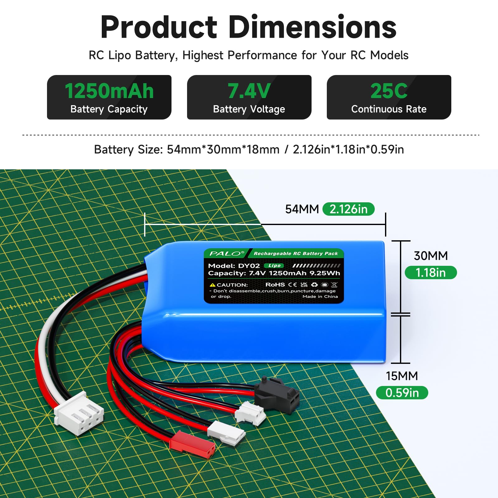 Batteria 7,4 V Lipo 1250 mAh PH2.0/JST/SM-2P/MX2.0 batteria 25C, Spina bilanciata XH2.54-3P & caricatore USB, per WLtoys RC Crawler SCX24 CR18P FCX18 FCX24, per RC Auto Boat Aereo, 2 pezzi