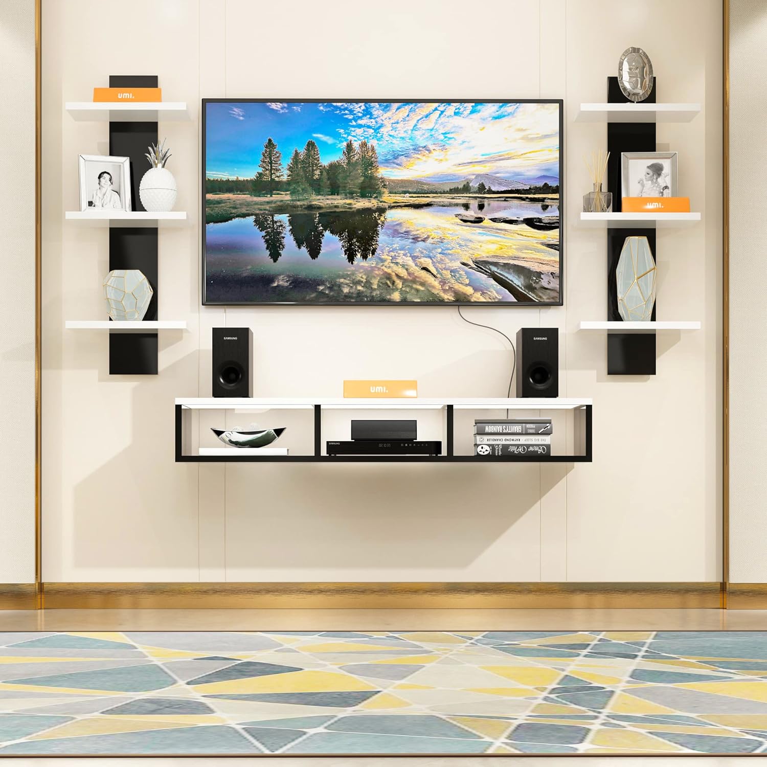 Amazon Brand – Umi Wooden Wall Mounted TV Unit, Cabinet, with TV Stand Unit Wall Shelf for Living Room (Black & White), 20 Cm, 81 Cm Amazon Brand – Umi Wooden Wall Mounted TV Unit, Cabinet, with TV Stand Unit Wall Shelf for Living Room (Black & White), 20 Cm, 81 Cm