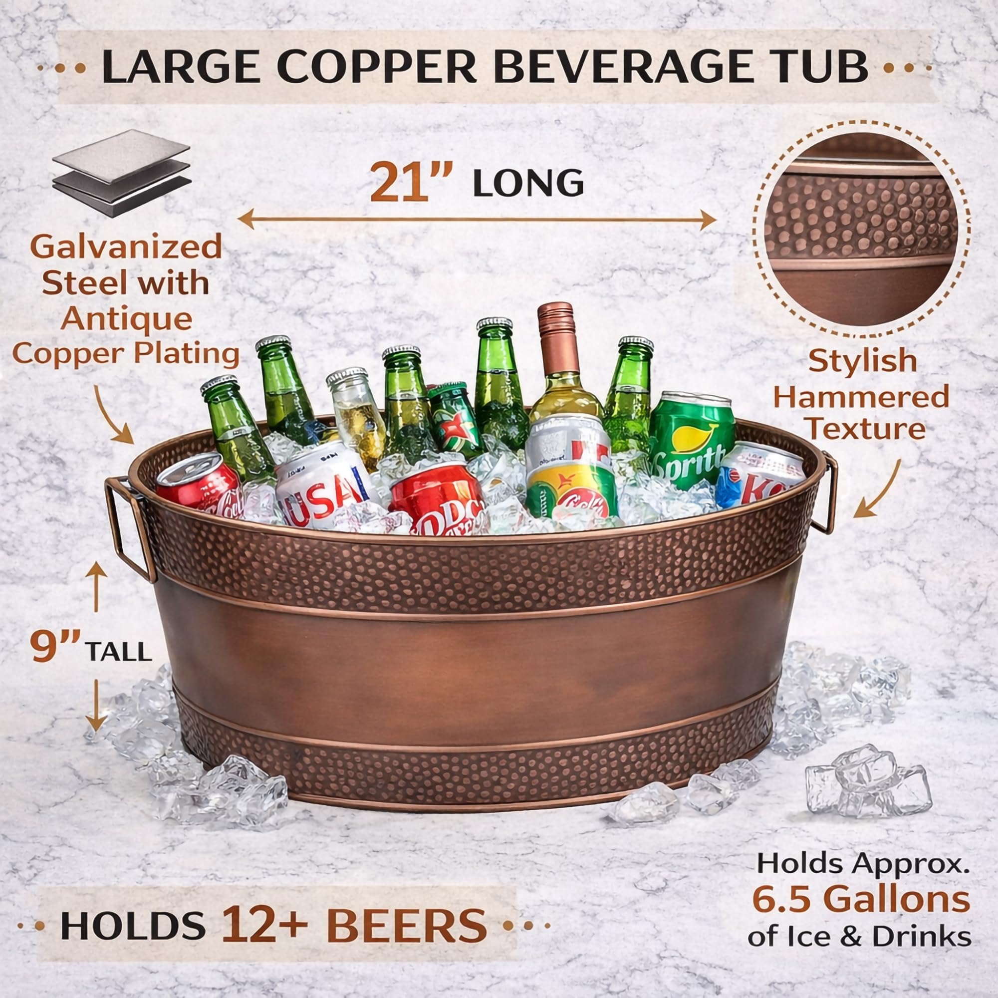 BREKX Aspen verzinkte Wanne, Kupfer-Finish, Eis- und Getränkekühler für Partys, versiegelter, auslaufsicherer Partykühler, leicht zu reinigen, handgefertigt, groß, oval, 25 Liter, Eimer für 30