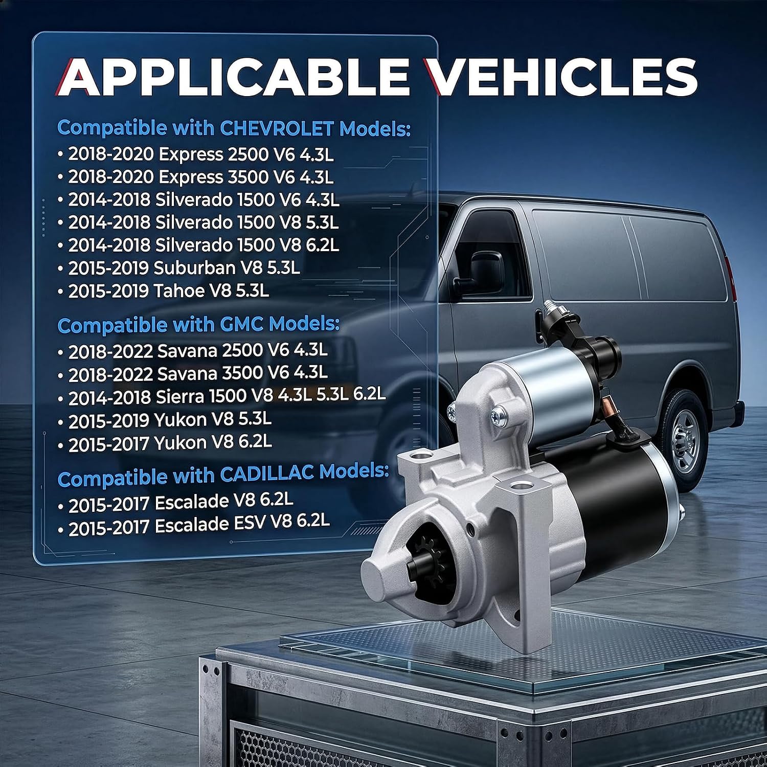 10910 New Starter Motor Replacement for 14-20 Chevrolet Silverado 1500 Suburban Tahoe Express, 14-22 GMC Sierra 1500 Yukon XL Savana 2500 3500, Cadillac Escalade ESV, V6 V8 4.3L 5.3L 6.2L, 12655055