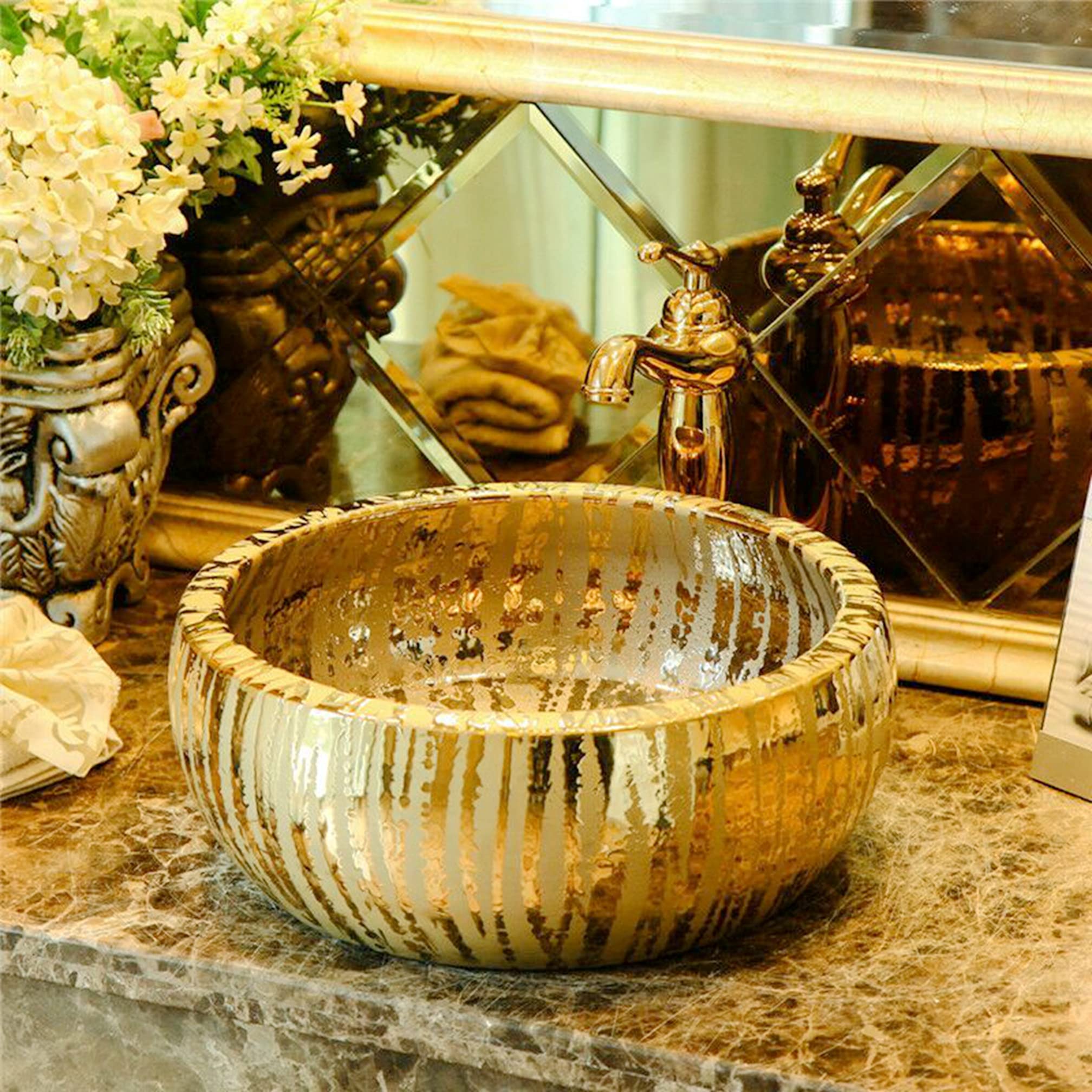 Oro Lusso Vintage Fantasia Bagno Armadio Rotondo Ceramica Porcellana Contatore Top Kasbah Lavabo Lavabo Lavandino Ciotola