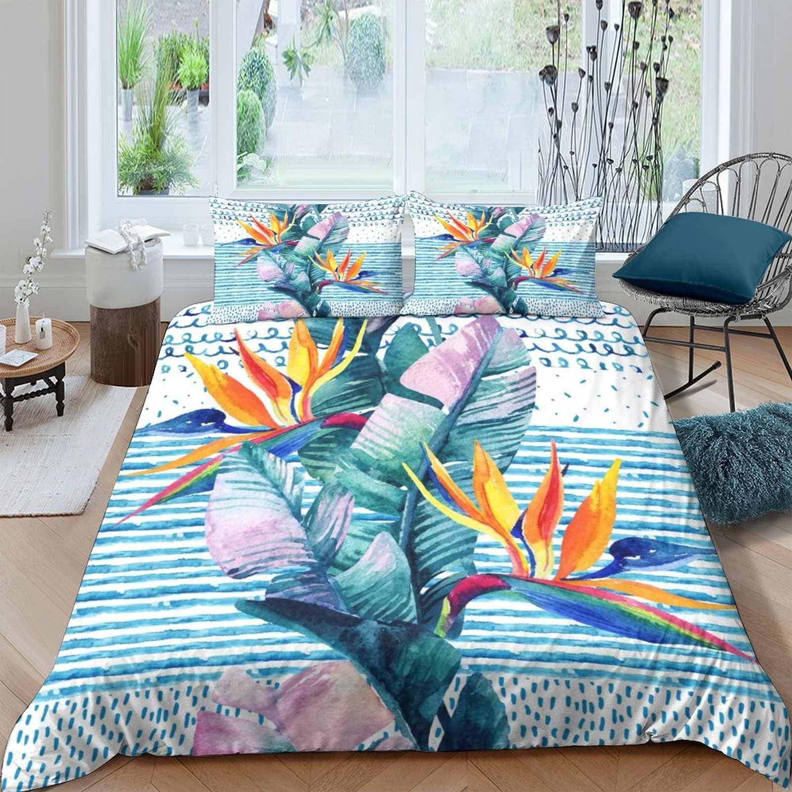 Ctjqhvkz Style-3 3D Printed Tropical Bird Of Paradise Fitted Sheet Microfiber Soft Breathable Abstract Leaf Bed Cover For Bedroom Guest Room Decor Single（135X200cm）