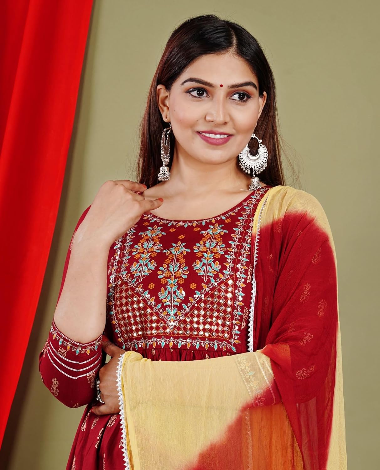 インディアンレディースウェア レーヨン 手仕事 クルティ/クルタ/チュニック、コットン デュパッタ付きパンツ すぐに着られるサルワー