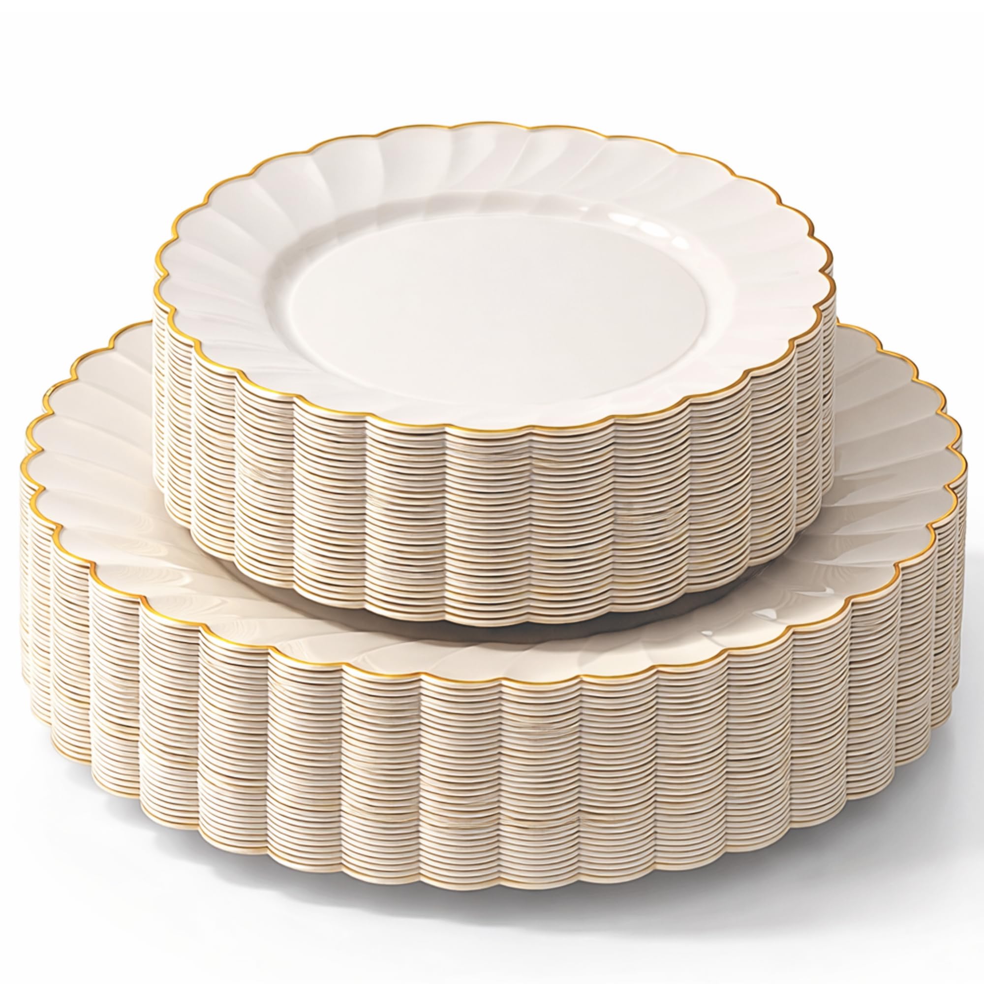 By Madee HEAVYWEIGHT 60 Pc Ivory Scalloped Plastic Plates for Party with Gold Trim – 30 Dinner & 30 Dessert Plates – Elegant & Fancy for Wedding, Showers, Special Moments (30 Guests)