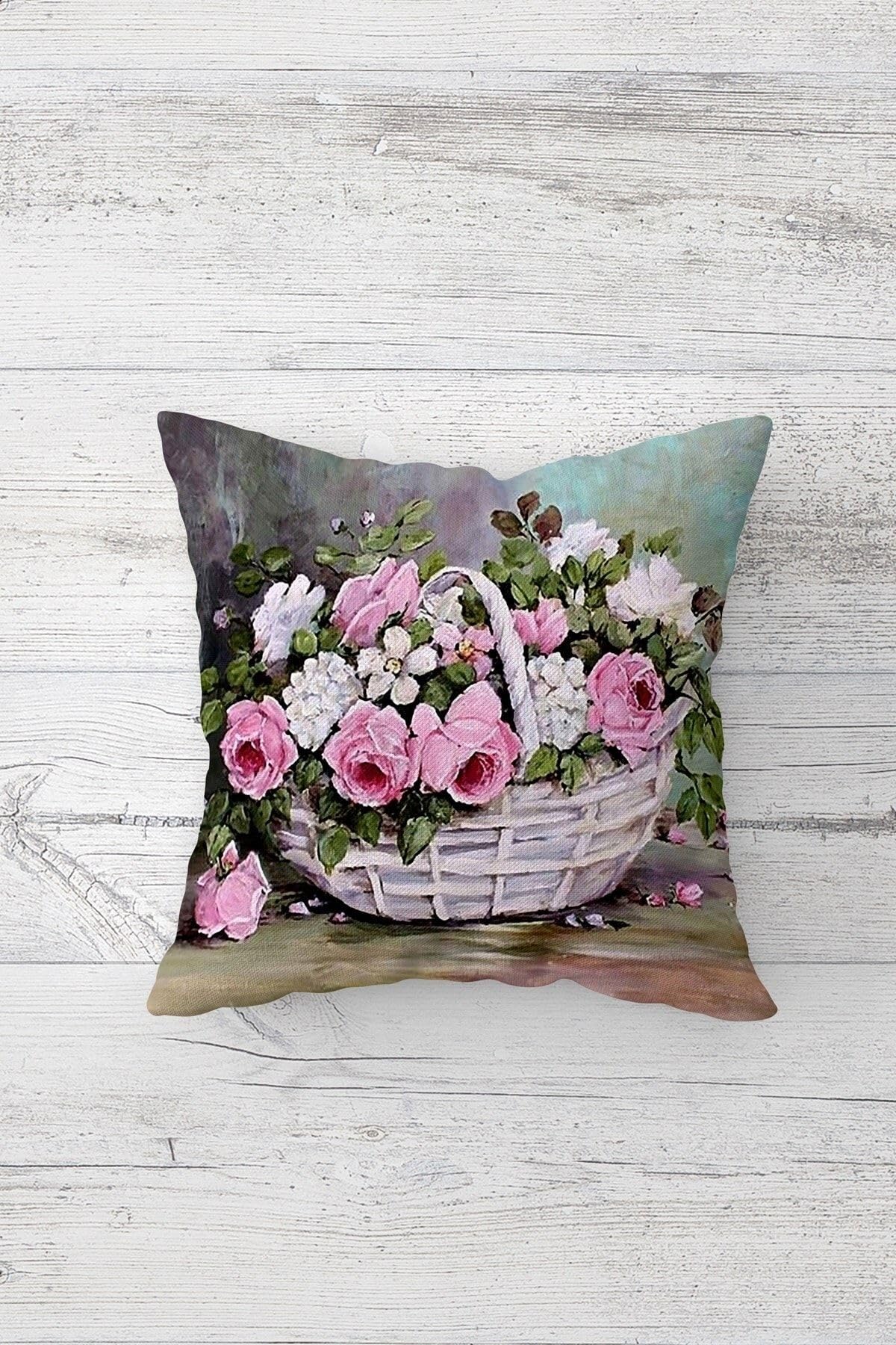 Pelangi Sepette Çiçek Desenli Çift Tarafı Baskılı Gizli Fermuarlı Yastık Kılıfı Kırlent Koltuk Yastık Kılıfı, beyaz-pembe-yeşil 45 x 45, 24691168845451