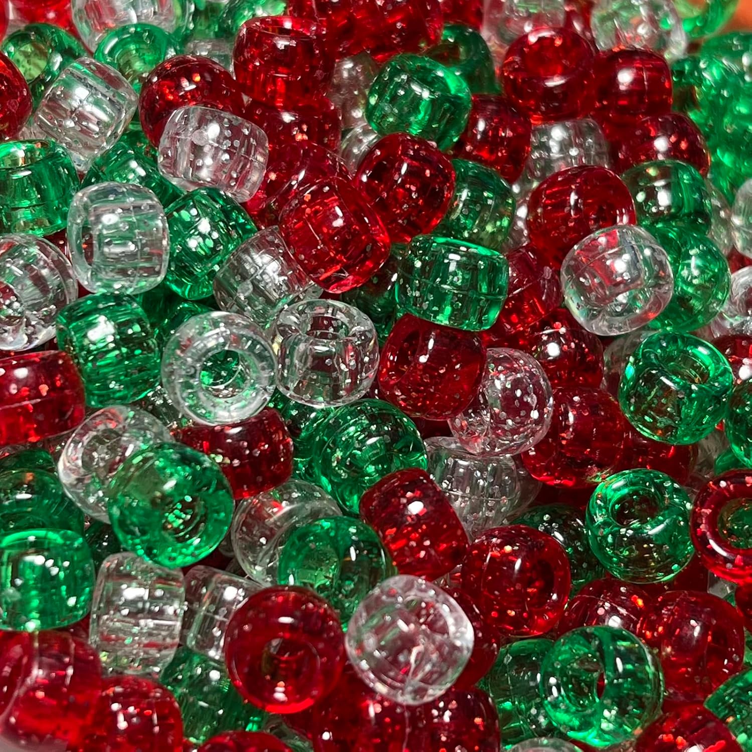 Christmas Pony Beads(1200Pcs 6x9mm), Christmas Glitter Pony Beads Bulk for Home and Party Decoration, Christmas Beading for Jewelry Crafts Making, Hair Beading (Xmas Glitter)
