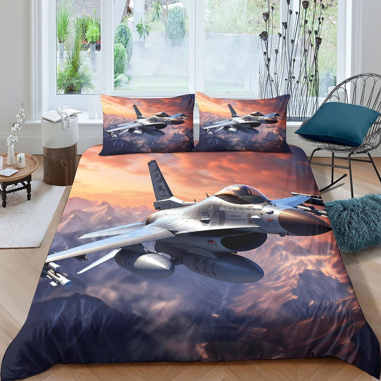 Ctjqhvkz Style-5 3D Printed Fighter Jet Sunset Fitted Sheet Microfiber Bedroom Decor Sky Bed Cover For Home Dorm Adults Teens Single（135X200cm）
