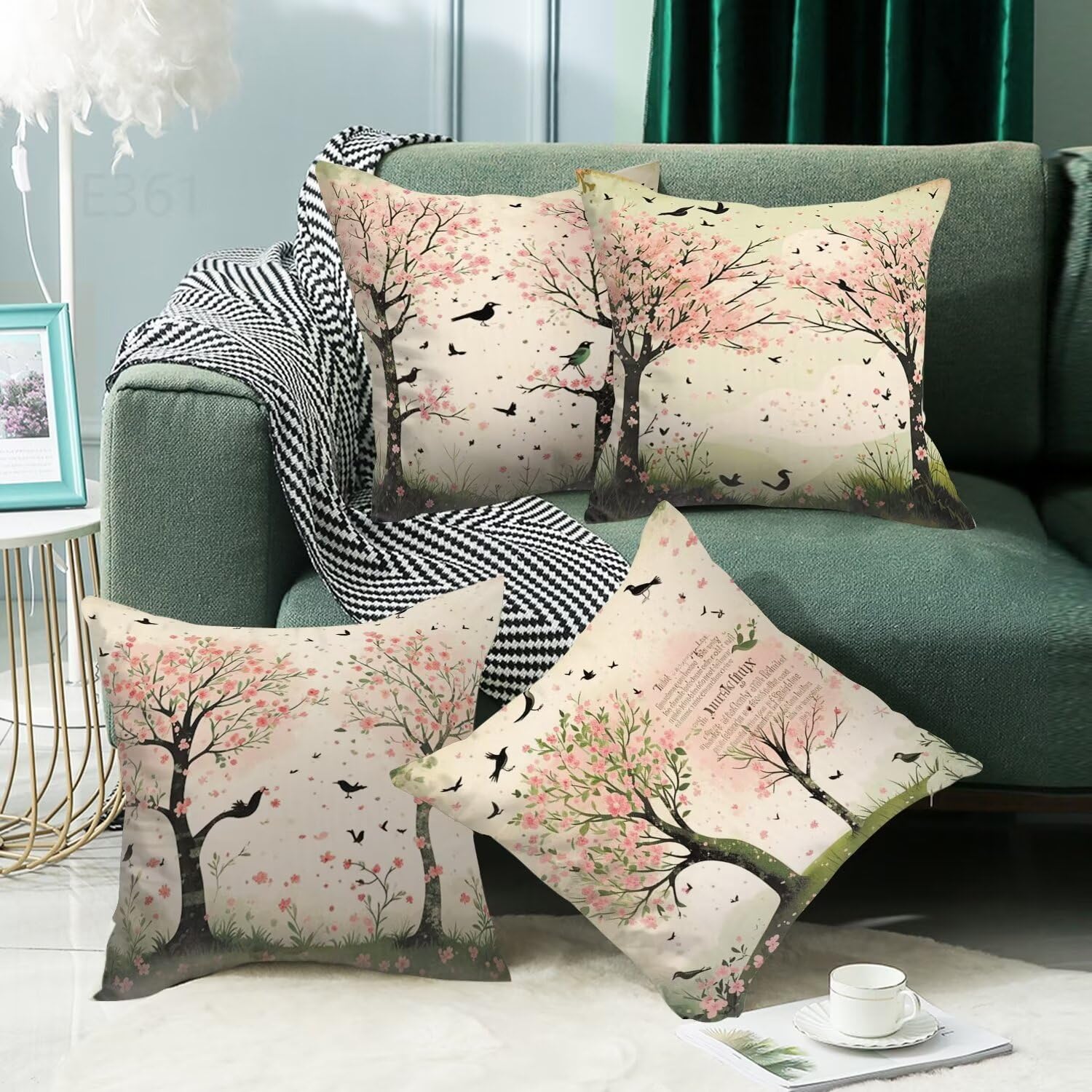 Albero Federe Cuscini Divano 55x55cm,4 Pack Uccello Estate Esterno Cuscini per Divano,Doppio Lato Quadrato Morbido Cuscini Divano,per Divano Soggiorno Sedia Autunno Dekoration Cuscino,Regali LY-361