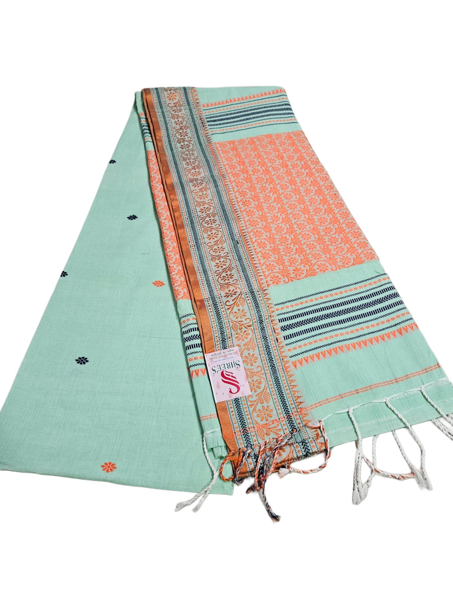 Shree's Mercerized Khadi Cotton Saree with Running Blouse Piece, Mint Green and Orange, Premium Quality-picture-42