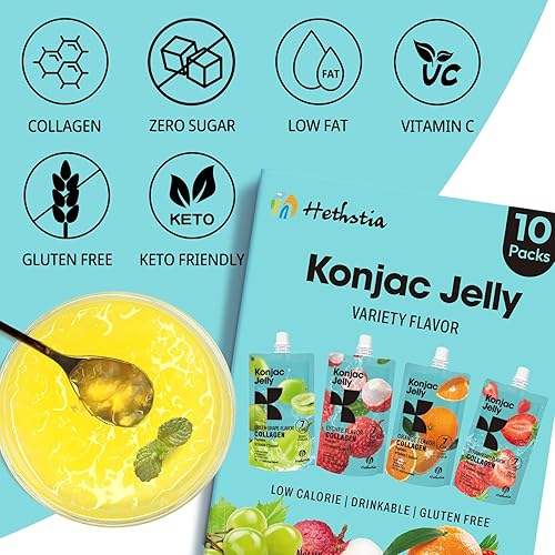 Miniatura 2 de Hethstia Konjac Jelly - Péptidos de colágeno de varios sabores  Lichi, uva verde, fresa y naranja  Bajo en calorías, sin azúcar, keto, sin gluten,