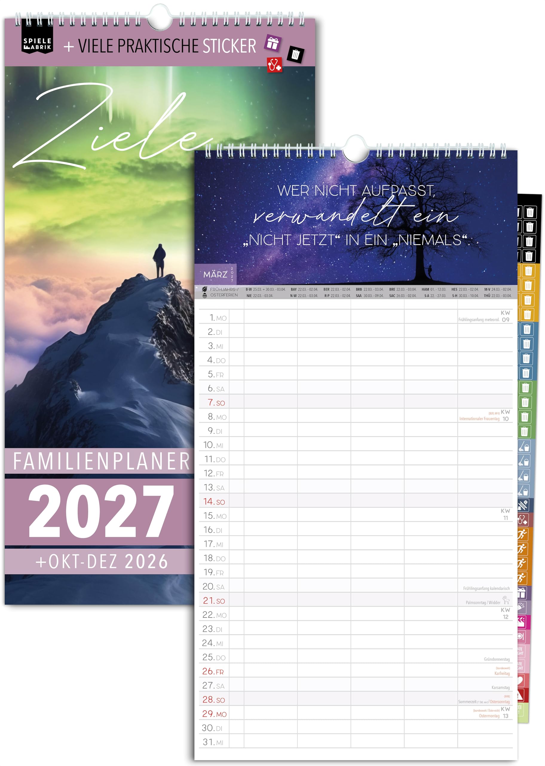 Spielefabrik® Familienkalender 2027 Familienplaner 5 Spalten ZIELE 23 x 43 cm Sprüche Kalender Terminplaner Erfolgs-Planer für Fokus & Visionen Motivierender Wandkalender inkl. Organisationssticker