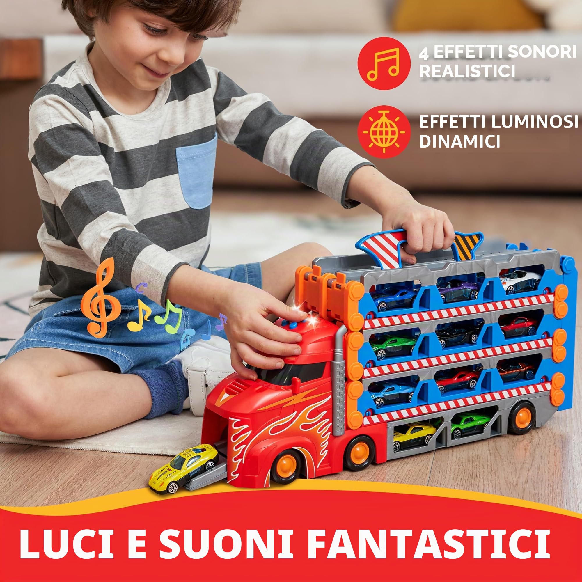 SYNCFUN Transport Race Truck Toy Cars, giocattolo da camion da pista da corsa gigante da 2,4 m, pieghevole a 3 strati con 12 auto, luci e suoni, regalo per 3, 4, 5, 6, 7 anni, ragazzi