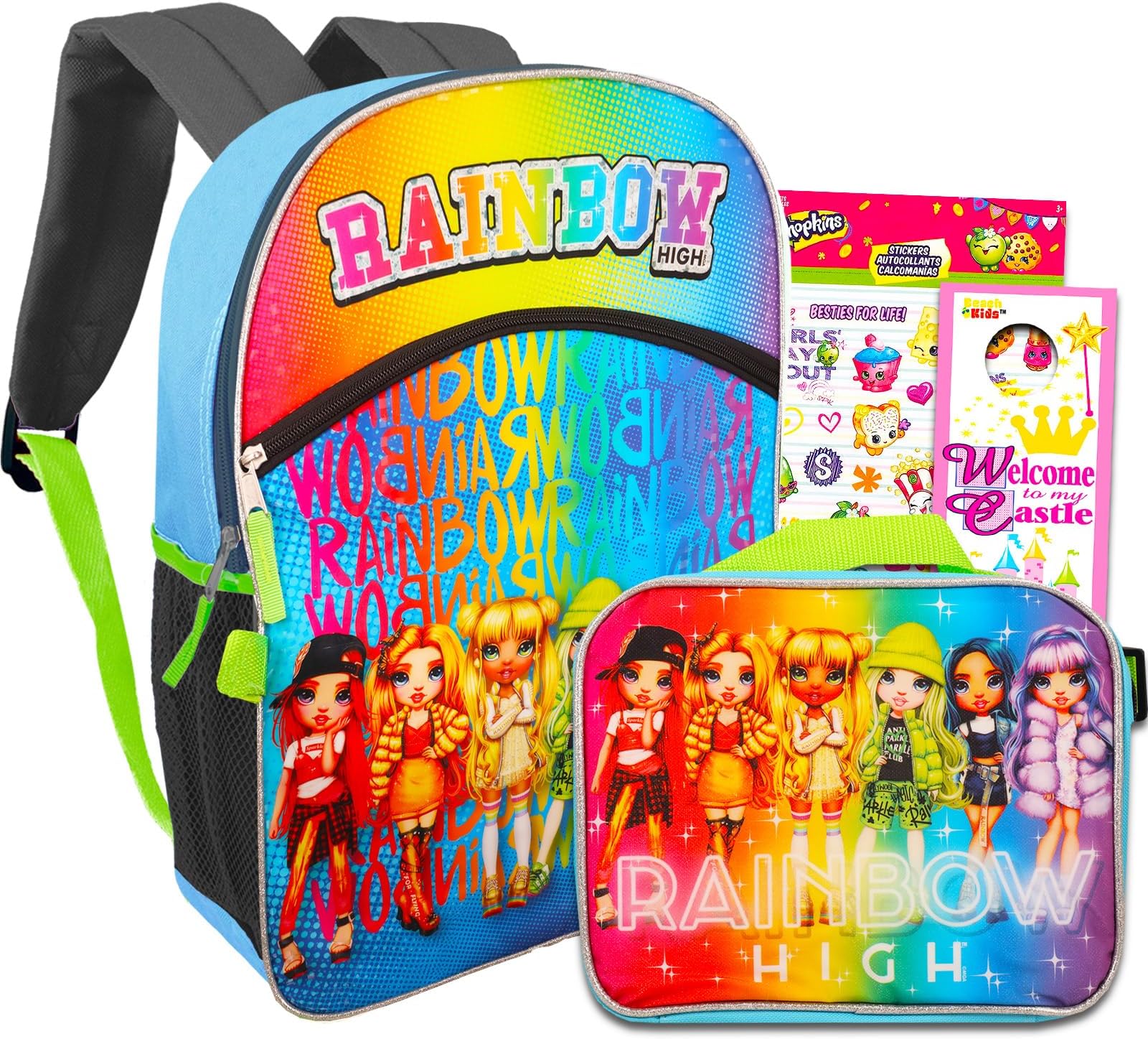 Rainbow High School Backpack and Lunch Set - Bundle with Rainbow High 16 Inch Backpack and Lunch Bag Plus Shopkins Stickers and More (Girls School Supplies)