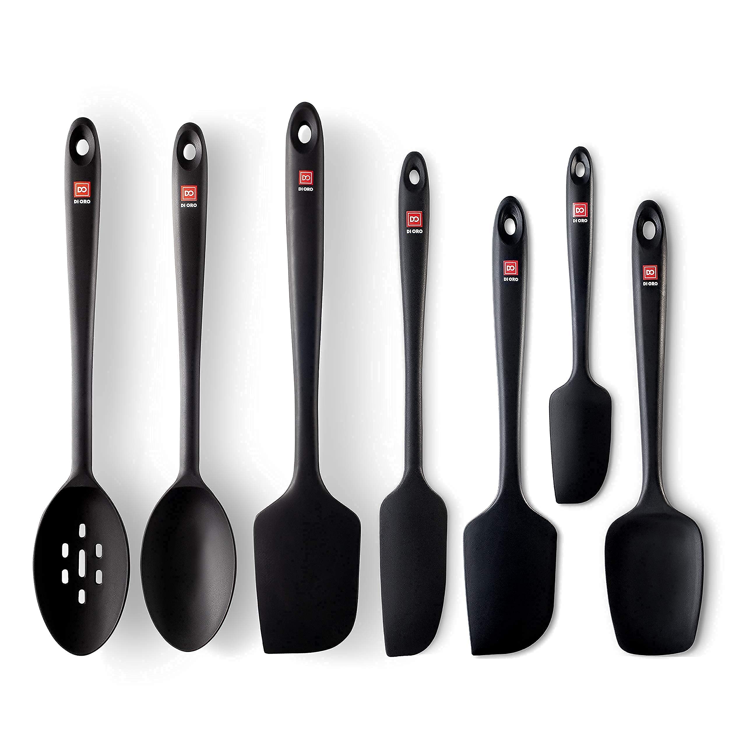 DI ORO Seamless Series 7-Piece Silicone Utensil Kitchen Set - 600degF Heat-Resistant Rubber Cooking and Baking Tools - Food Grade, BPA Free, and LFGB Certified Silicone - 5 Spatulas and 2 Spoons (Black)