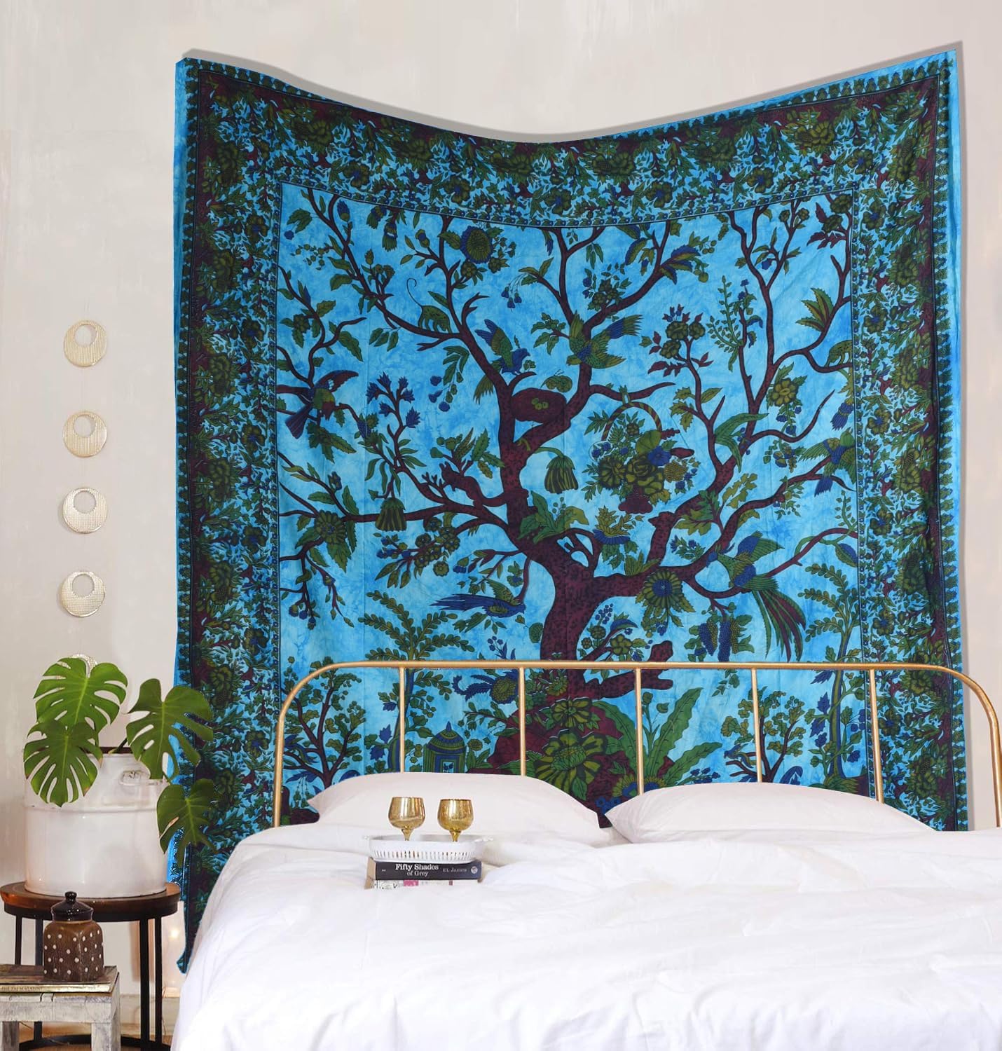 THE ART BOX Tapestry Turquoise Tree of Life Wall Hanging – Indian Cotton Full Size Bedspread, Picnic Sheet, Wall Decor, Blanket, Wall Art for Bedroom (Full, 85x90 Inch)