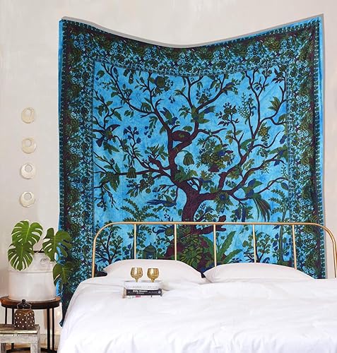 Miniatura 2 de THE ART BOX Tapiz turquesa árbol de la vida para colgar en la pared, colcha mediana de algodón indio, sábana de picnic, decoración de pared, manta,