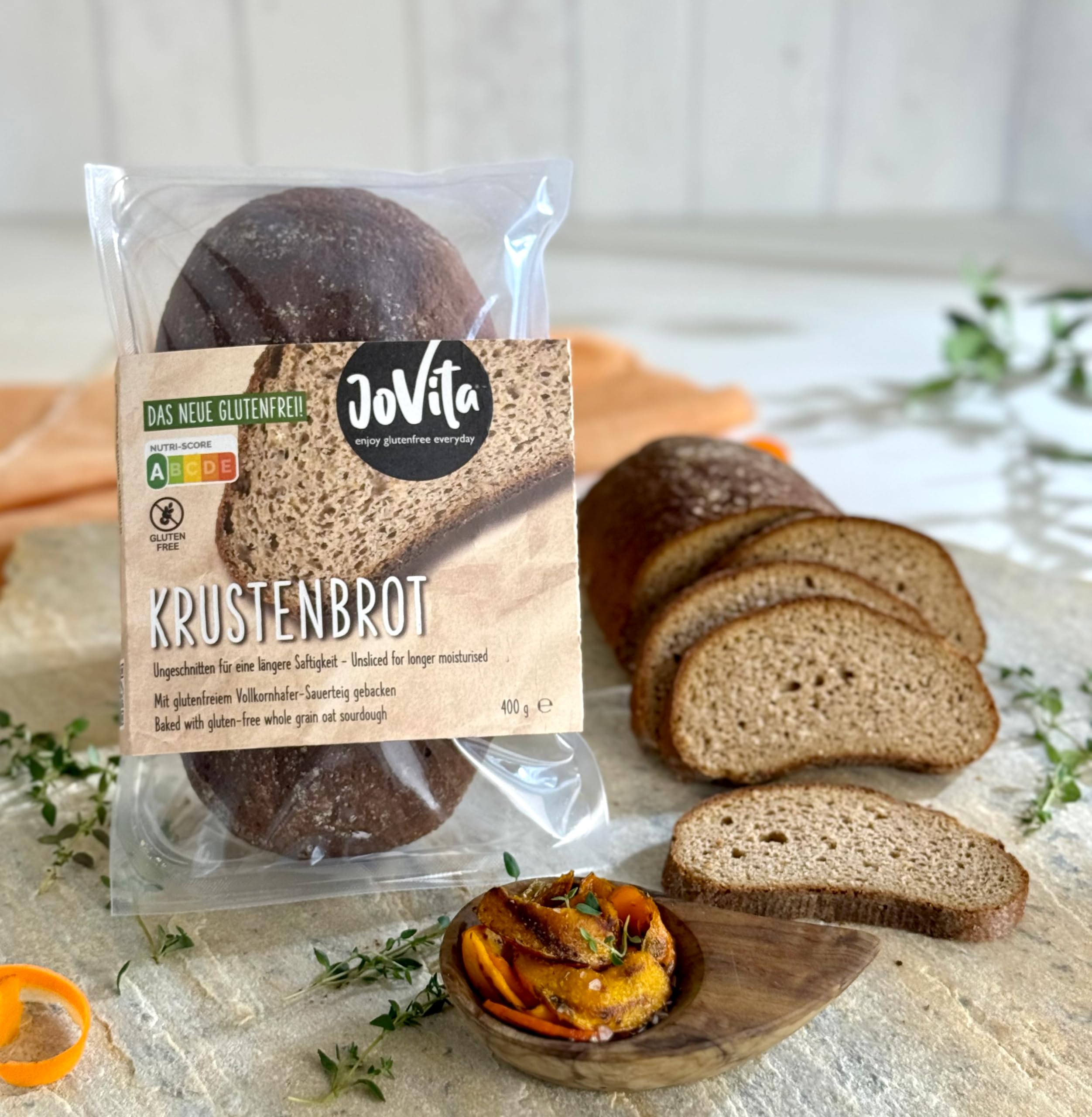 JOVITA Krustenbrot-aus Vollkornhafermehl-Sauerteig glutenfrei vegan (400 g) verpackt für lange Saftigkeit/Kontaminierungsschutz natürliche Zutaten keine Weizenstärke traditionell handwerklich gebacken