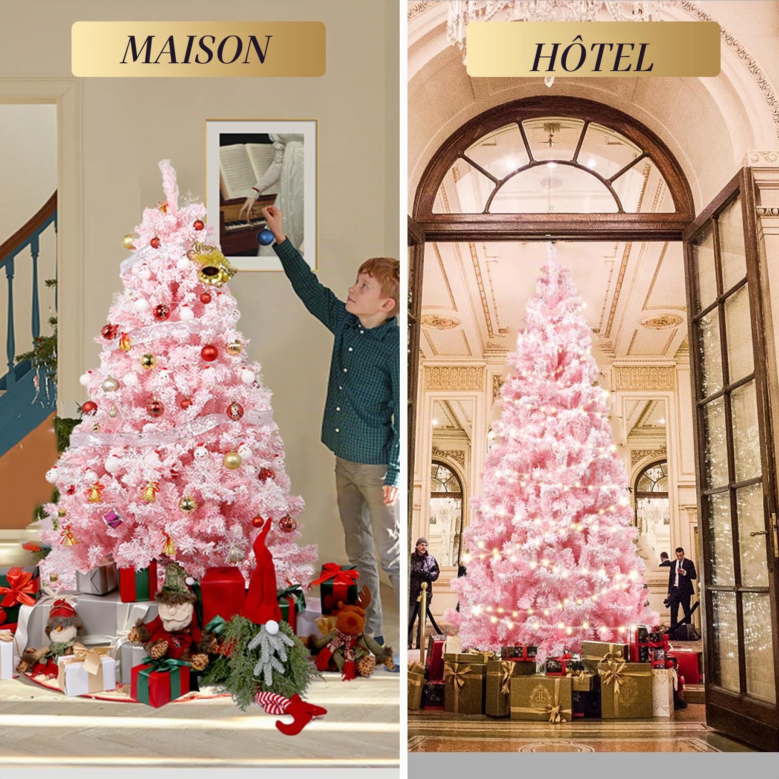 Uten Sapin de Noël Artificiel Rose, 210 cm, Flocon de Neige Artificiel, avec 1200 Branches et Support Pliable, pour décoration de Noël intérieure et extérieure