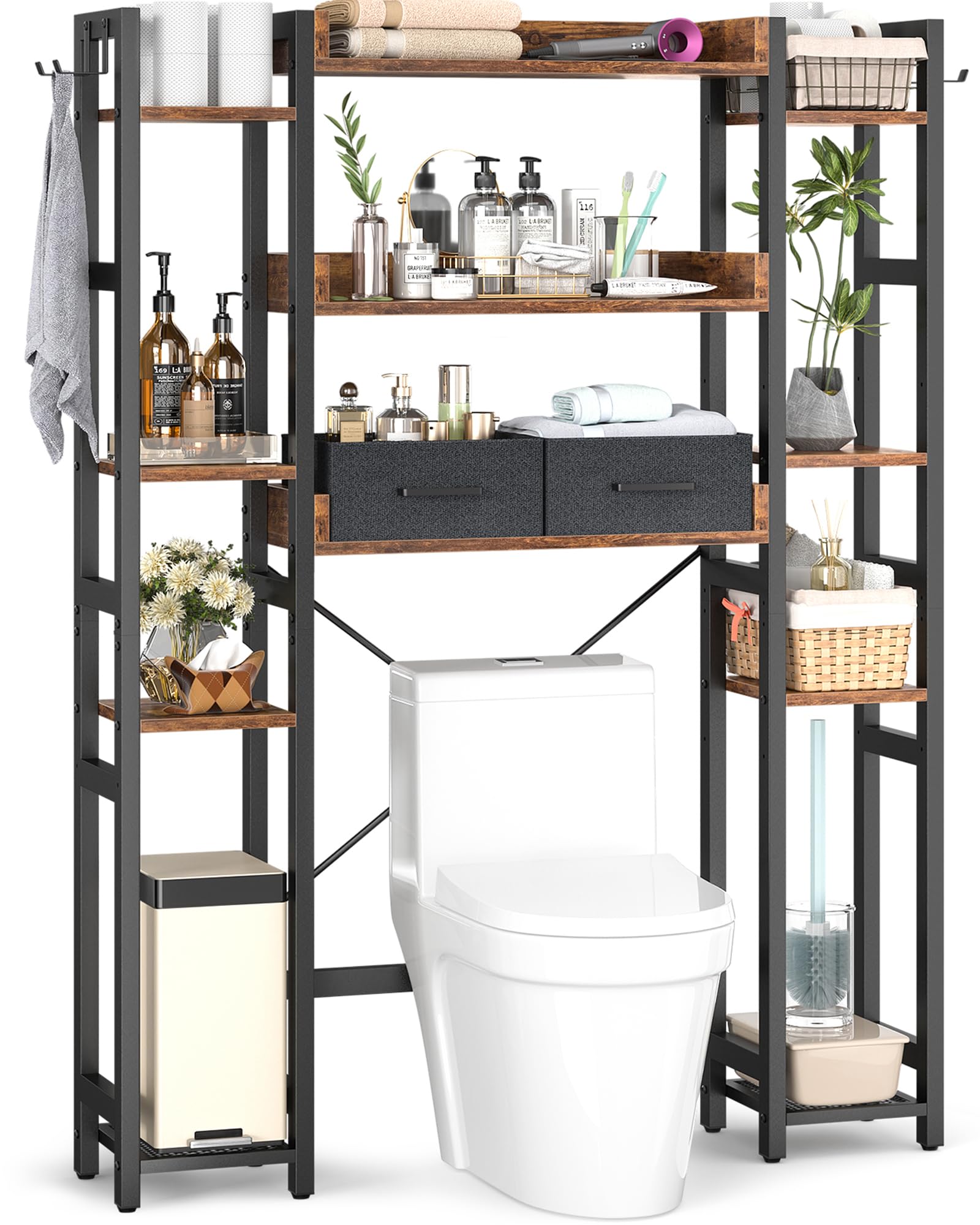 Over The Toilet Storage with 2 Drawers - 11 Tier Bathroom Organizer Freestanding Space Saver Storage Rack with Adjustable Shelf Above Toilet Stand with 4 Hooks for Restroom, Laundry, Rustic Brown