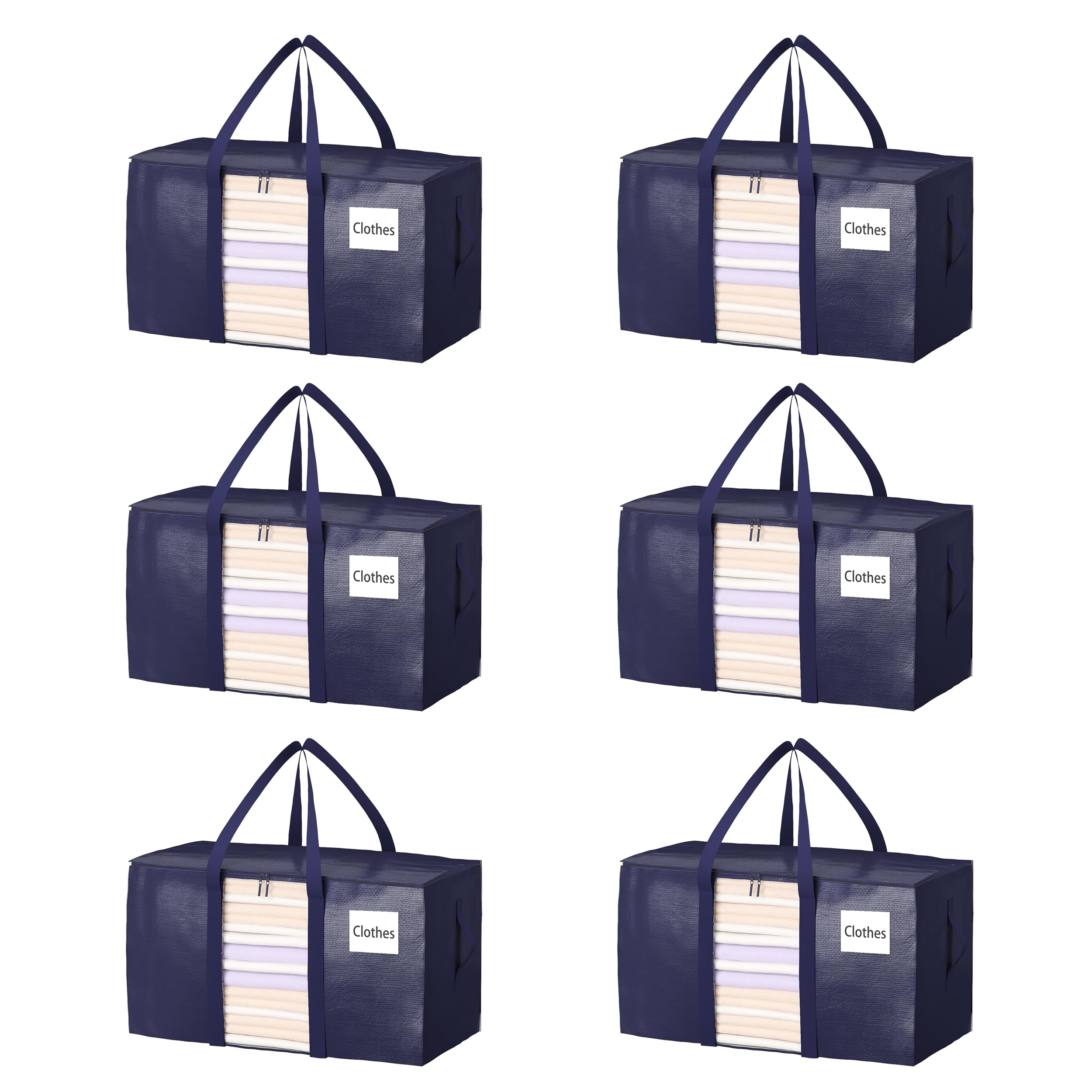 JOISCOPE6 Pack Heavy Duty Extra Large Moving Bags with Strong Handles & Zippers, Clear Window, Water-Resistant Storage Totes For Space Saving, Fold Flat, Alternative to Moving Box (Blue, 100 L)