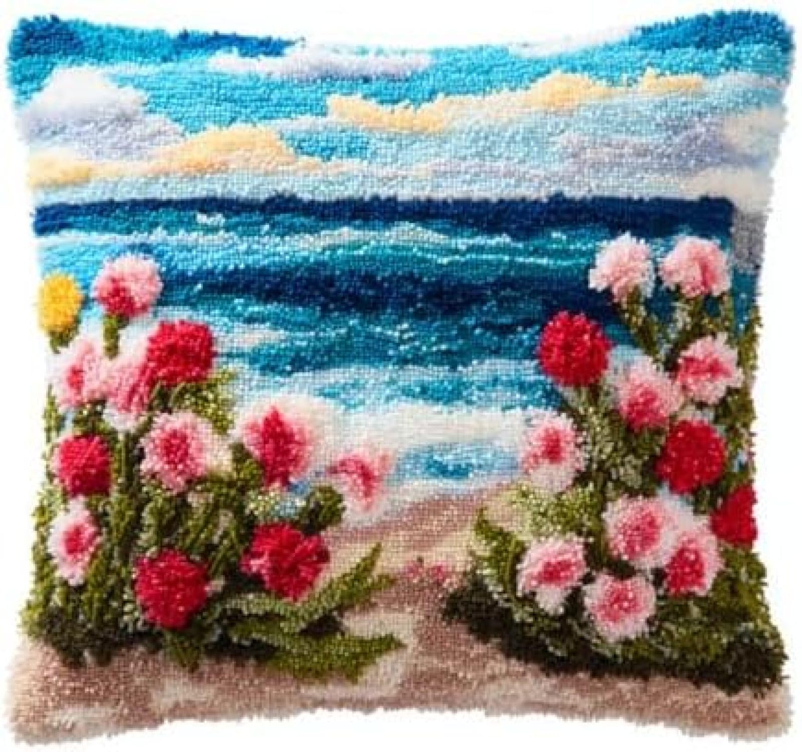 kitphoenix Adults DIY Cushion Cover Craft Kit,Carnation Flowers and Sea,Relaxing Latch Hook Hobby Set with Printed Canvas and Yarn,Gift Idea for Women