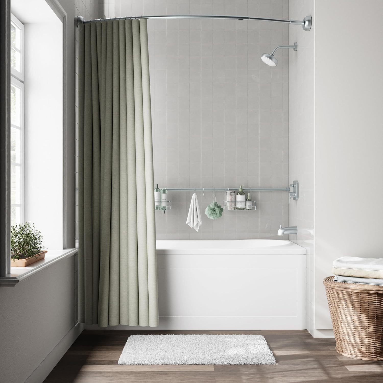 Zenna Home Bathroom Organizer Shower Caddy, Adjustable Horizontal Tension Pole Between Wall Shower Storage System with 2 Baskets and 3 Hooks, 26 to 76 Inch, Silver