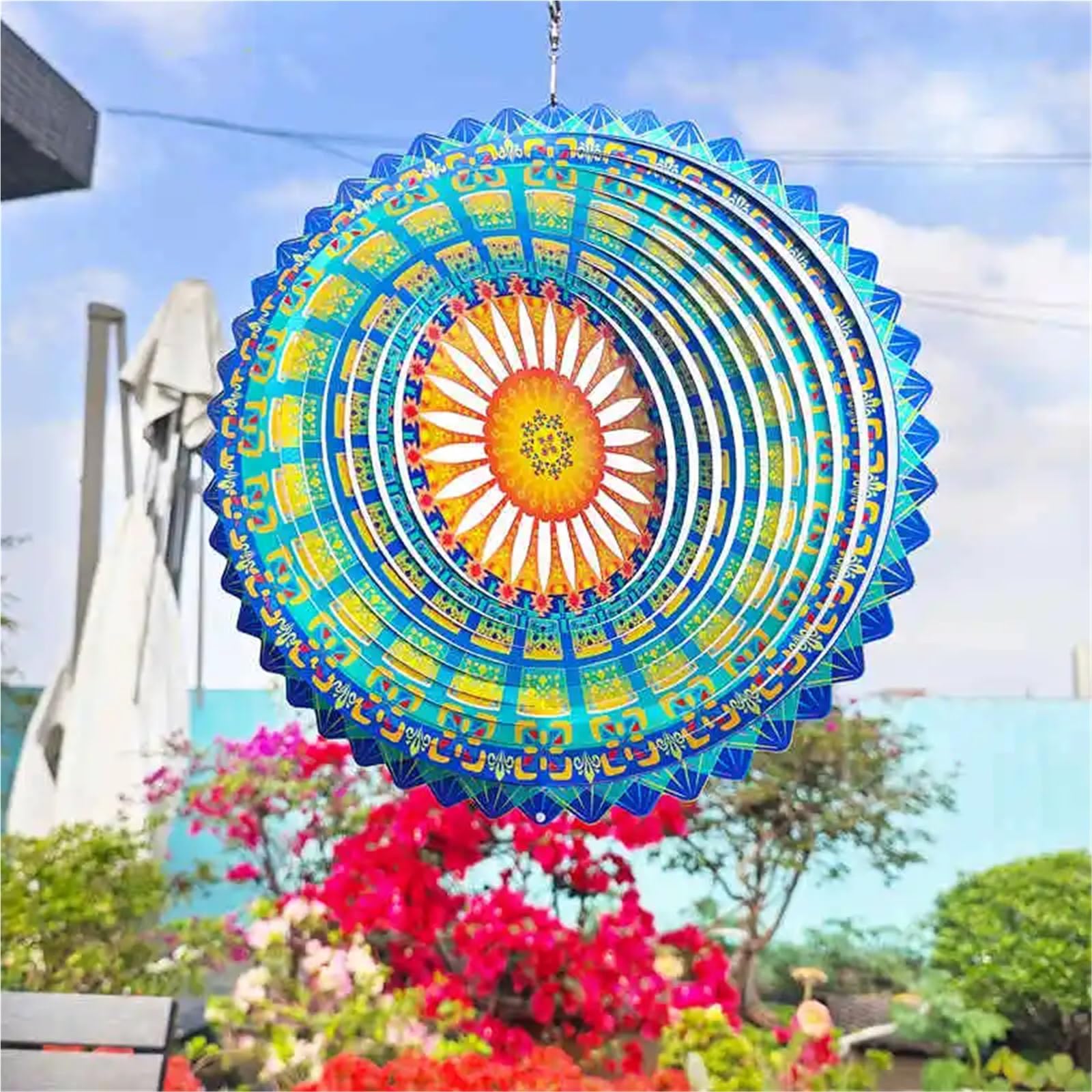 Windspiel Mandala Windspinner Mandala 3D Hängende Windspiele Metallskulpturen Reflektierender Blumenfänger Outdoor Gartendekor Kinetische Hofkunst(Green)
