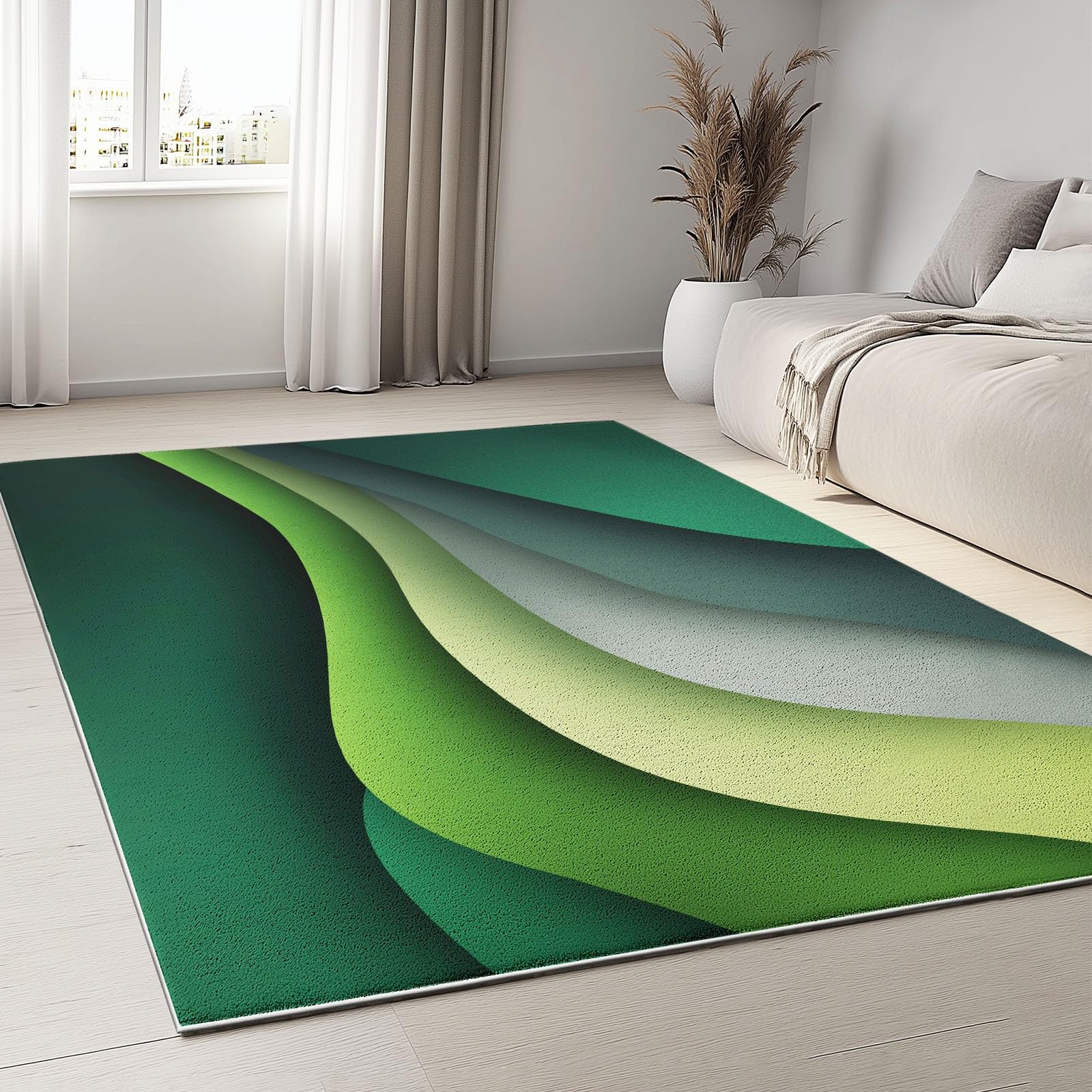 Generisch Weicher Graugrüne Wellen Abstrakt Kurzflor Teppich 120 x 170 cm, Waschbarer Rutschfester Teppiche - Kuschelig Minimalismus Bedruckter Dekoläufer Teppich für Schlafzimmer Bettvorleger Flur