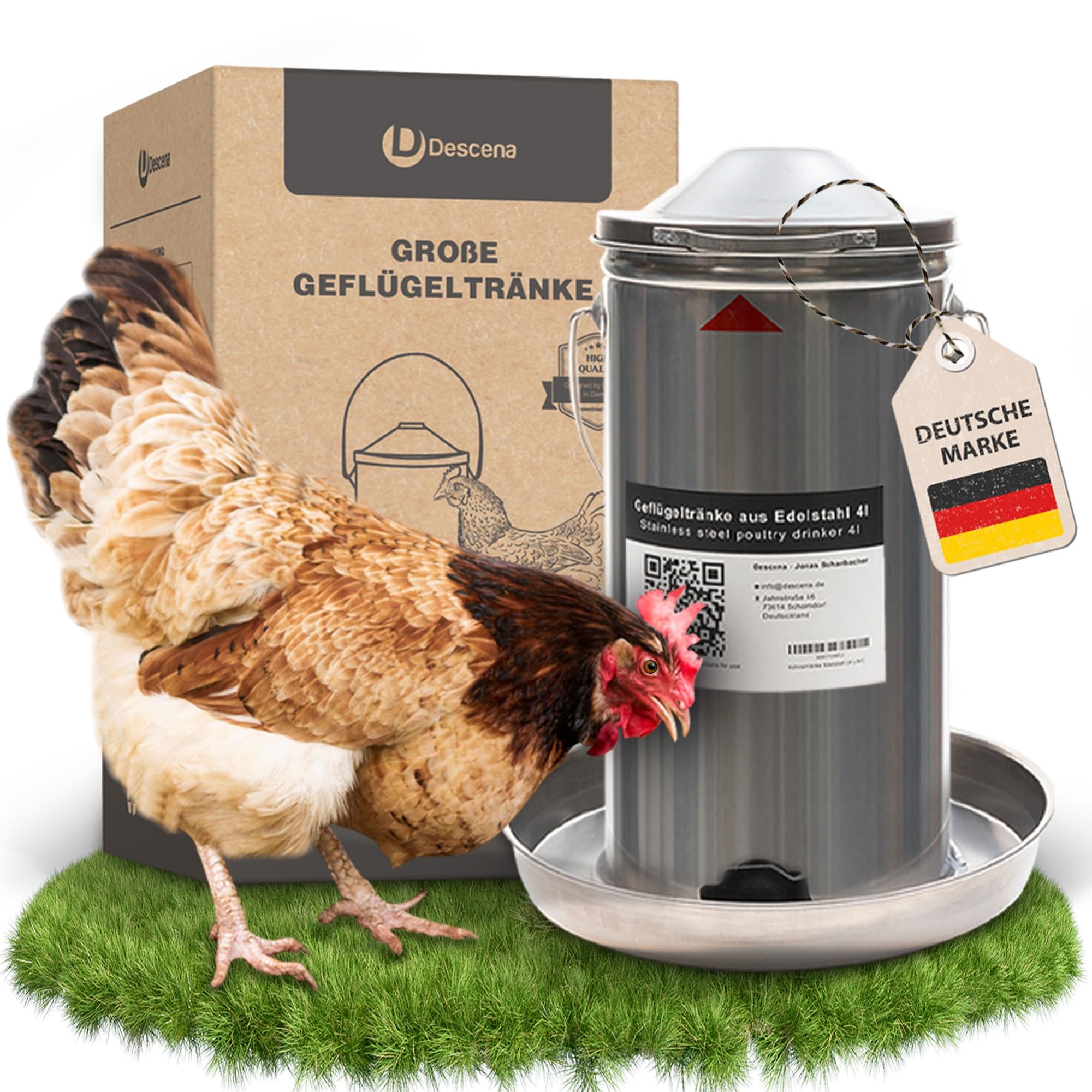 Descena Hühnertränke Edelstahl 4L – Geflügeltränke von Oben befüllbar | Rostfreier Edelstahl 304 (V2A), automatische Wasserregulierung, spülmaschinengeeignet, Tränkenwärmer-kompatibel