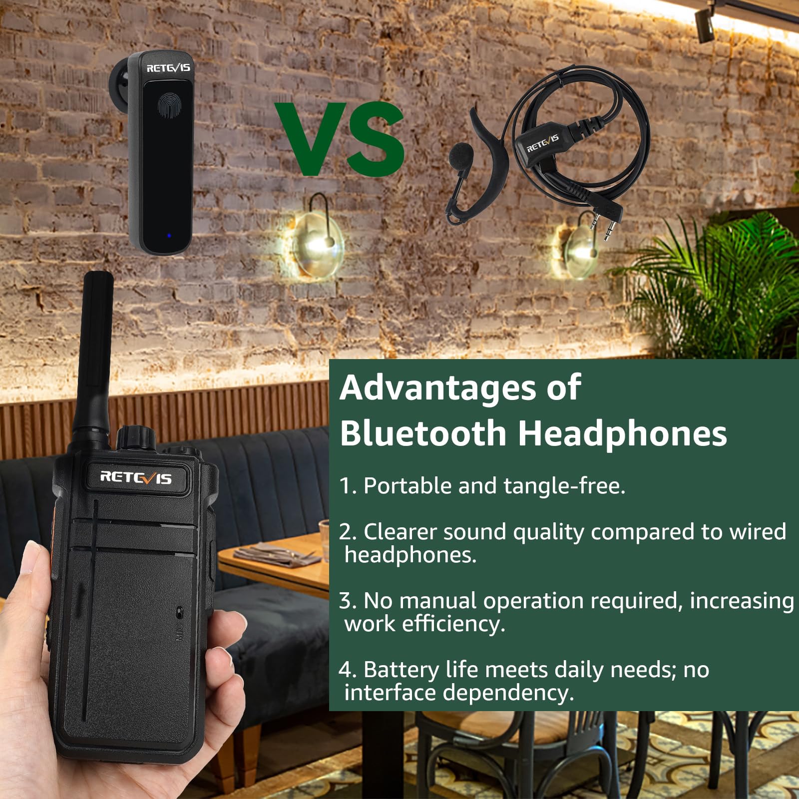 Retevis RB637 Walkie Talkie, Ricaricabile Ricetrasmittenti con Auricolare | VOX, Tipo-C, 2000mAh, 16 Canali, PMR446 Radio Bluetooth Portatile per Ristorante (Nero, 2 Pezzi)