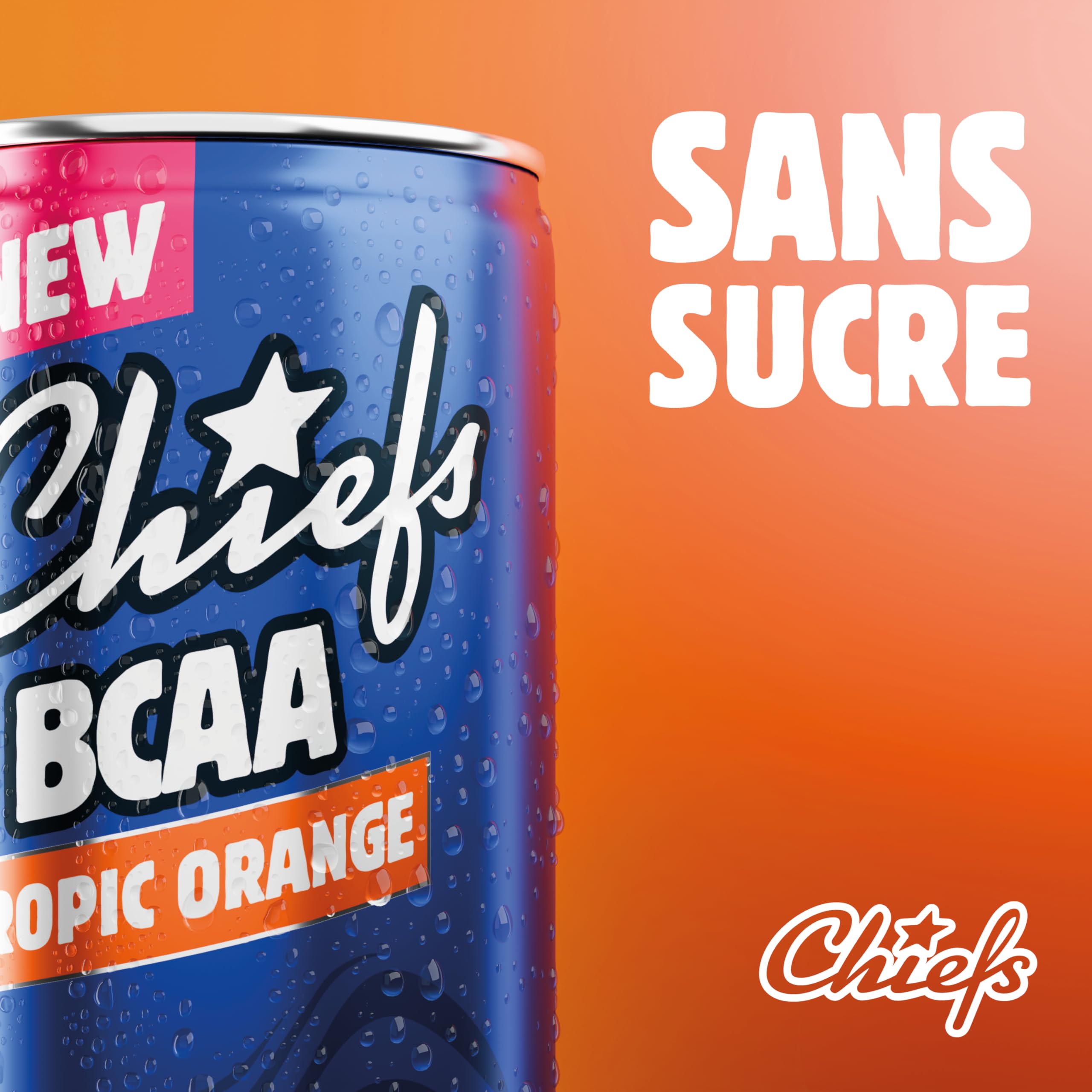 CHIEFS Boisson énergisante goût Orange Tropicale, 180 mg de caféine, 24x330ml boissons énergétiques, Sans Sucre et avec BCAA (Tropic Orange)
